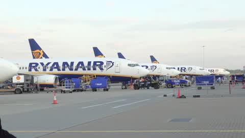 Ryanair airplanes at Stansted Airport London