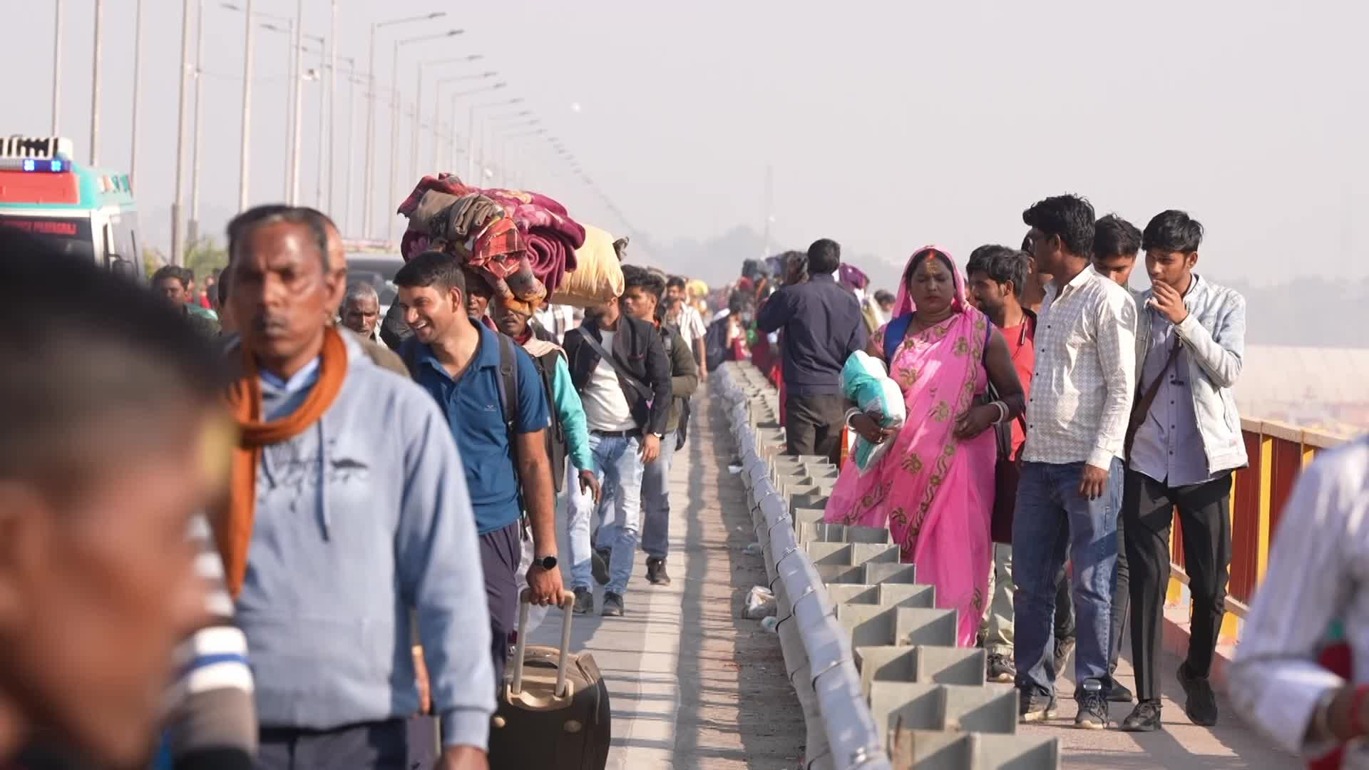 Devotees crossing pontoon bridges at "Maha Kumbh Mela"