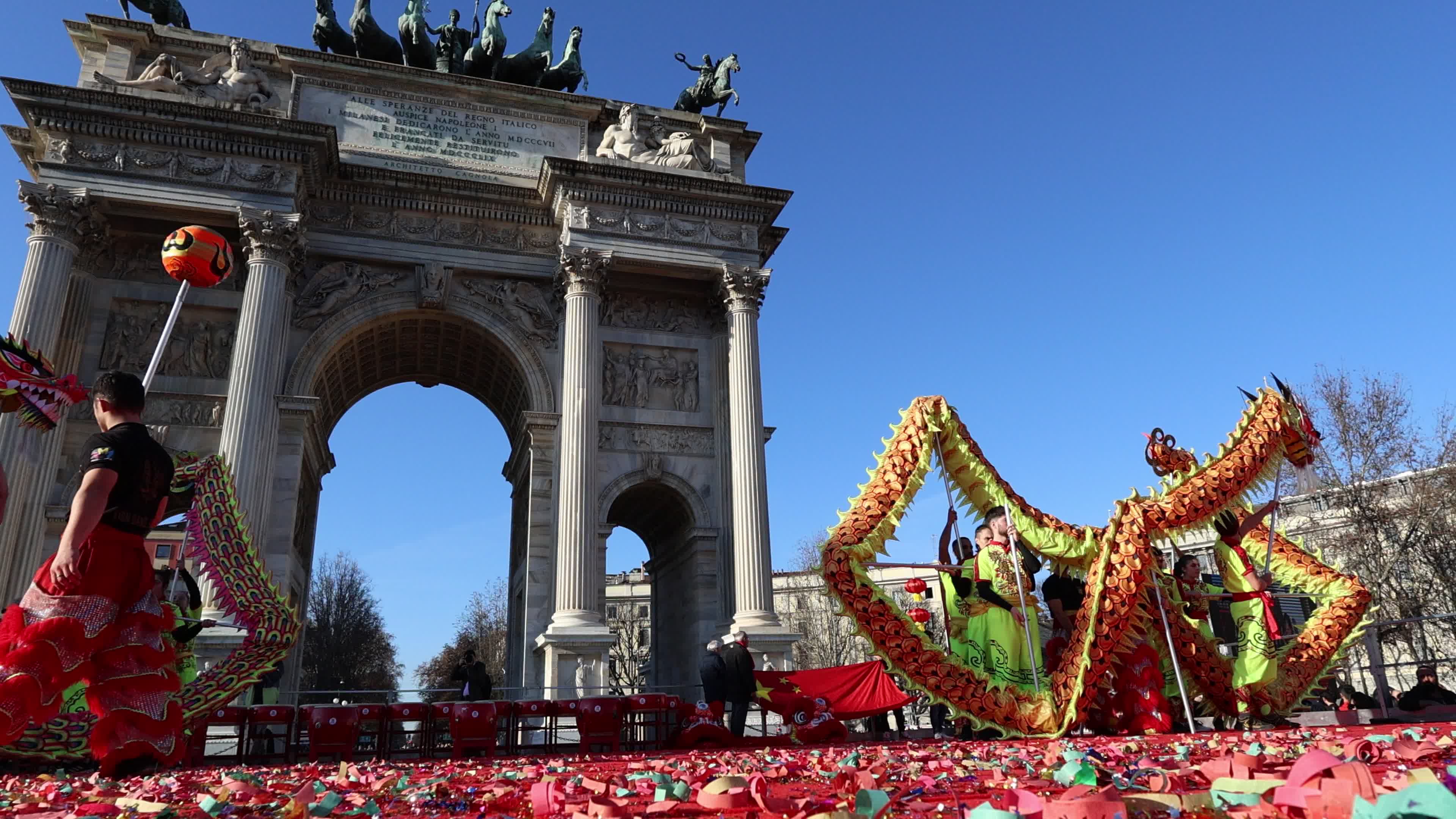 The parade for the celebrations of the Chinese New Year with the Dragon and Lion Dance in the year of the Wooden Snake in Milan