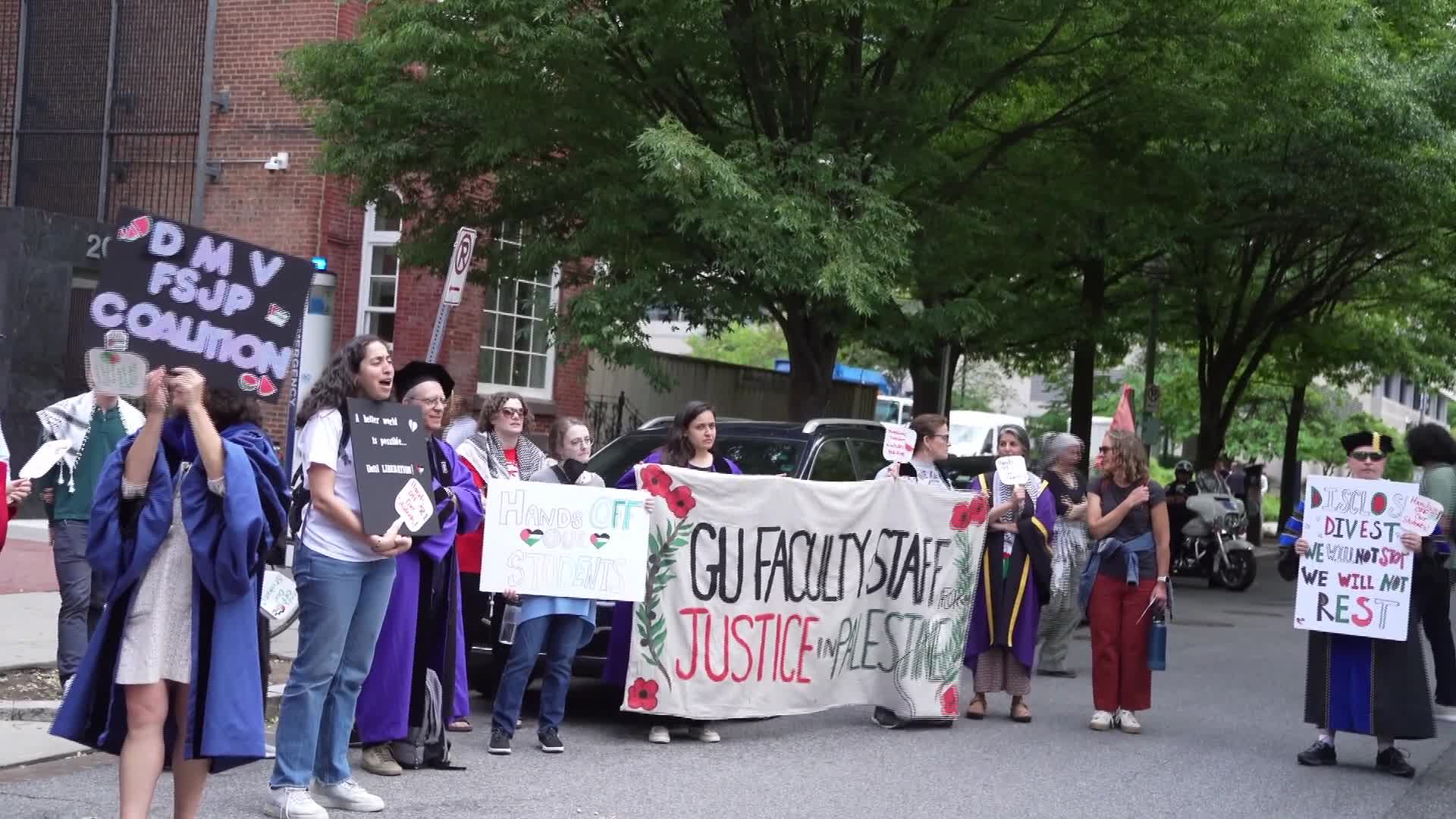 The George Washington University faculty and students portests free Palestine and march to the white house  - 05/08/2025