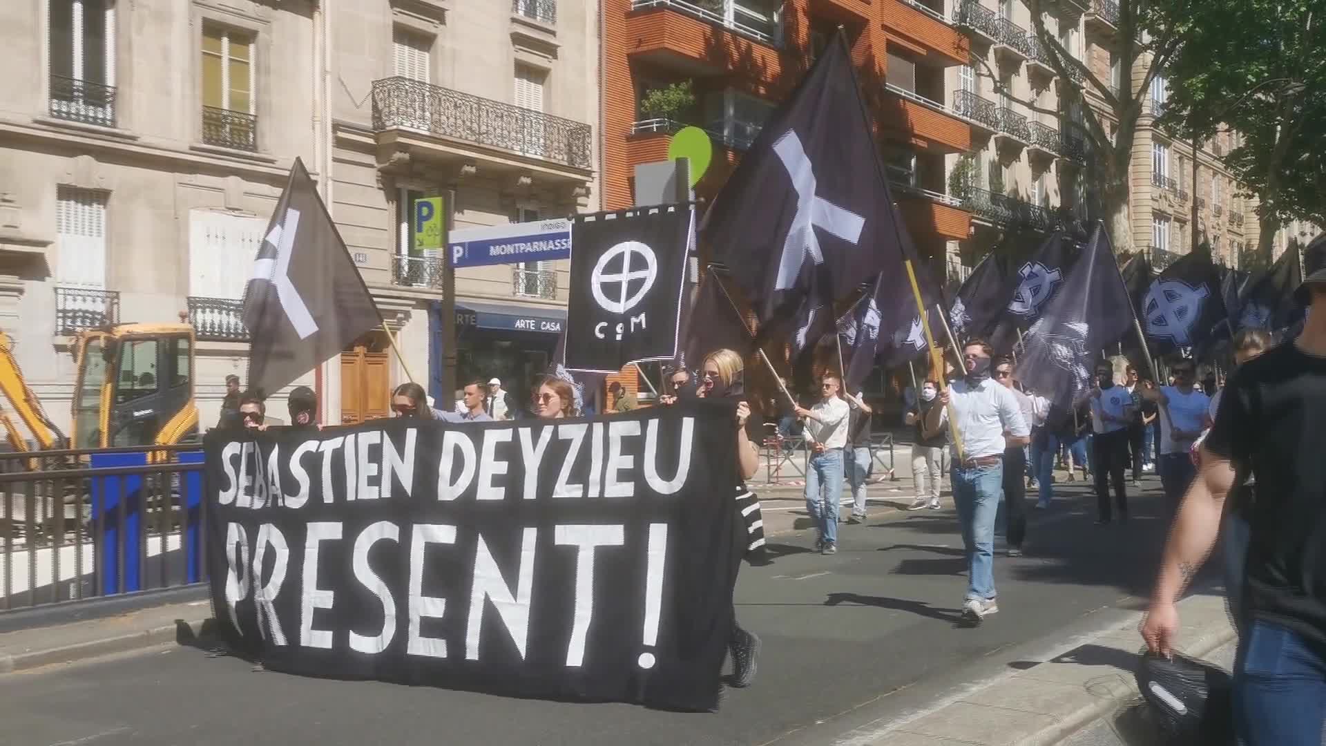 Members of far-right group &#x22;Comite du 9 Mai&#x22; (C9M- Committee of May 9) take part in a demonstration to commemorate the 31th anniversary of the death of Sebastien Deyzieu - 05/10/2025