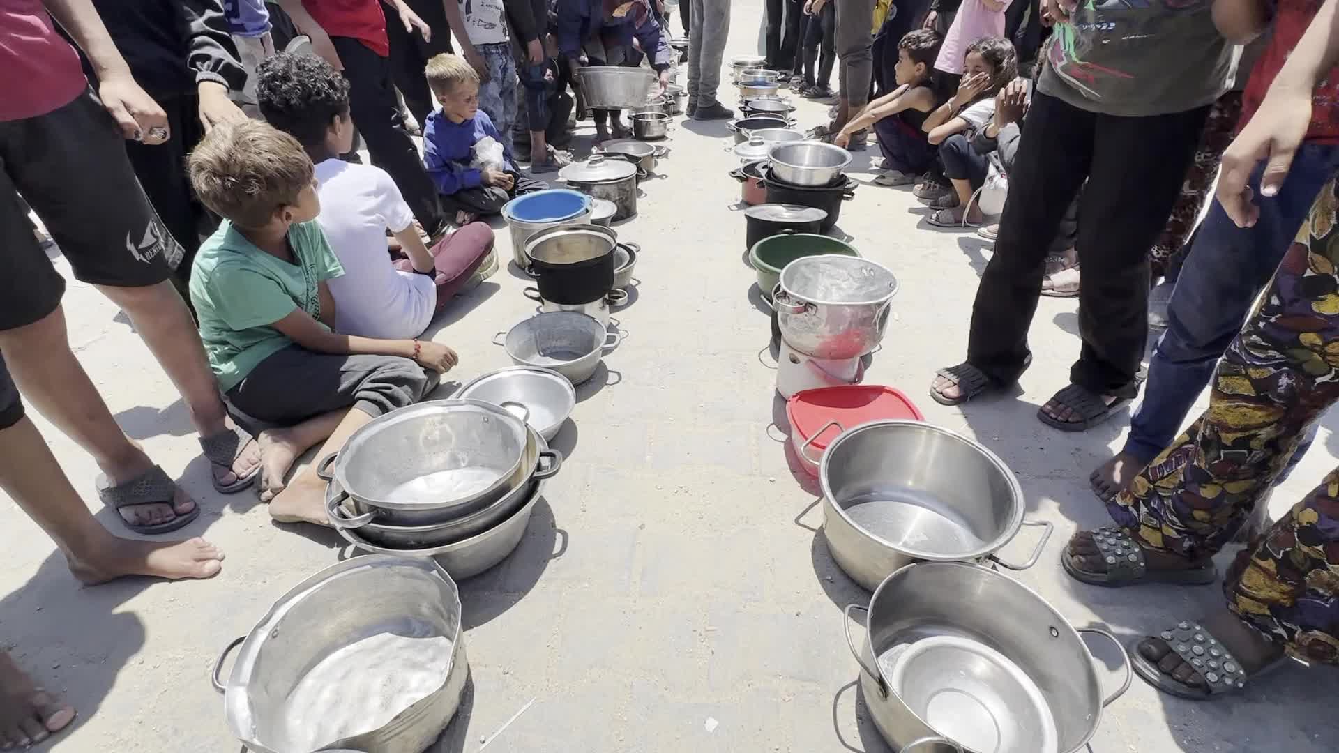 Palestinians Line Up for Hot Meals at Distribution Point in Gaza City