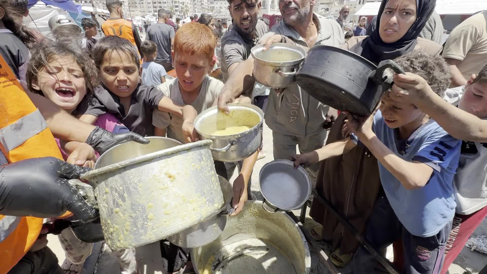 Palestinians Line Up for Hot Meals at Distribution Point in Gaza City