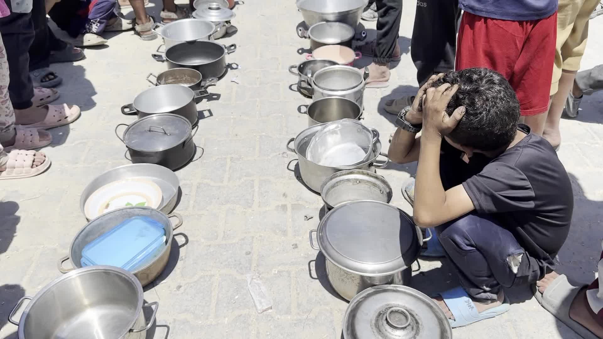 Palestinians Line Up for Hot Meals at Distribution Point in Gaza City