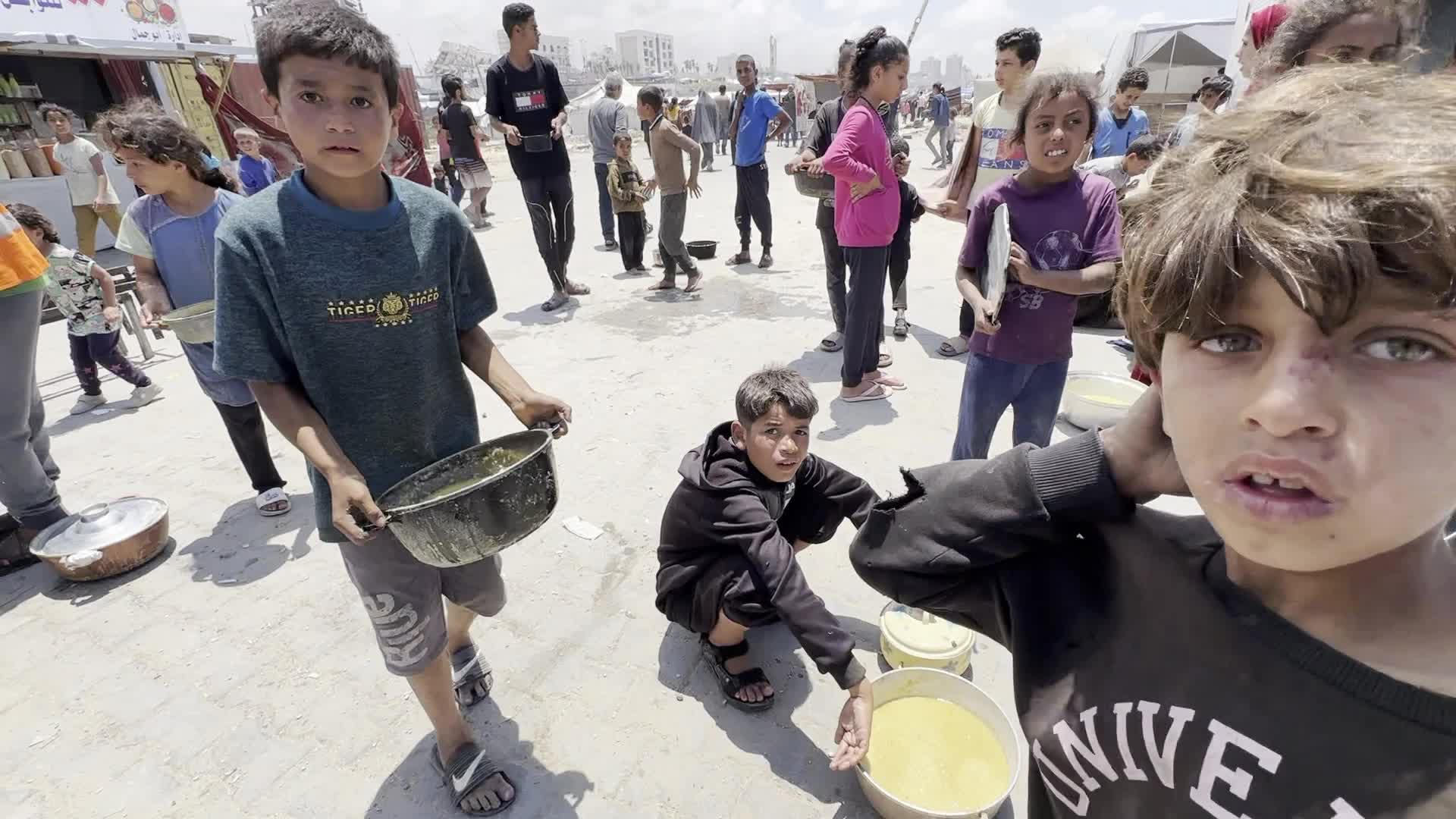 Palestinians Line Up for Hot Meals at Distribution Point in Gaza City