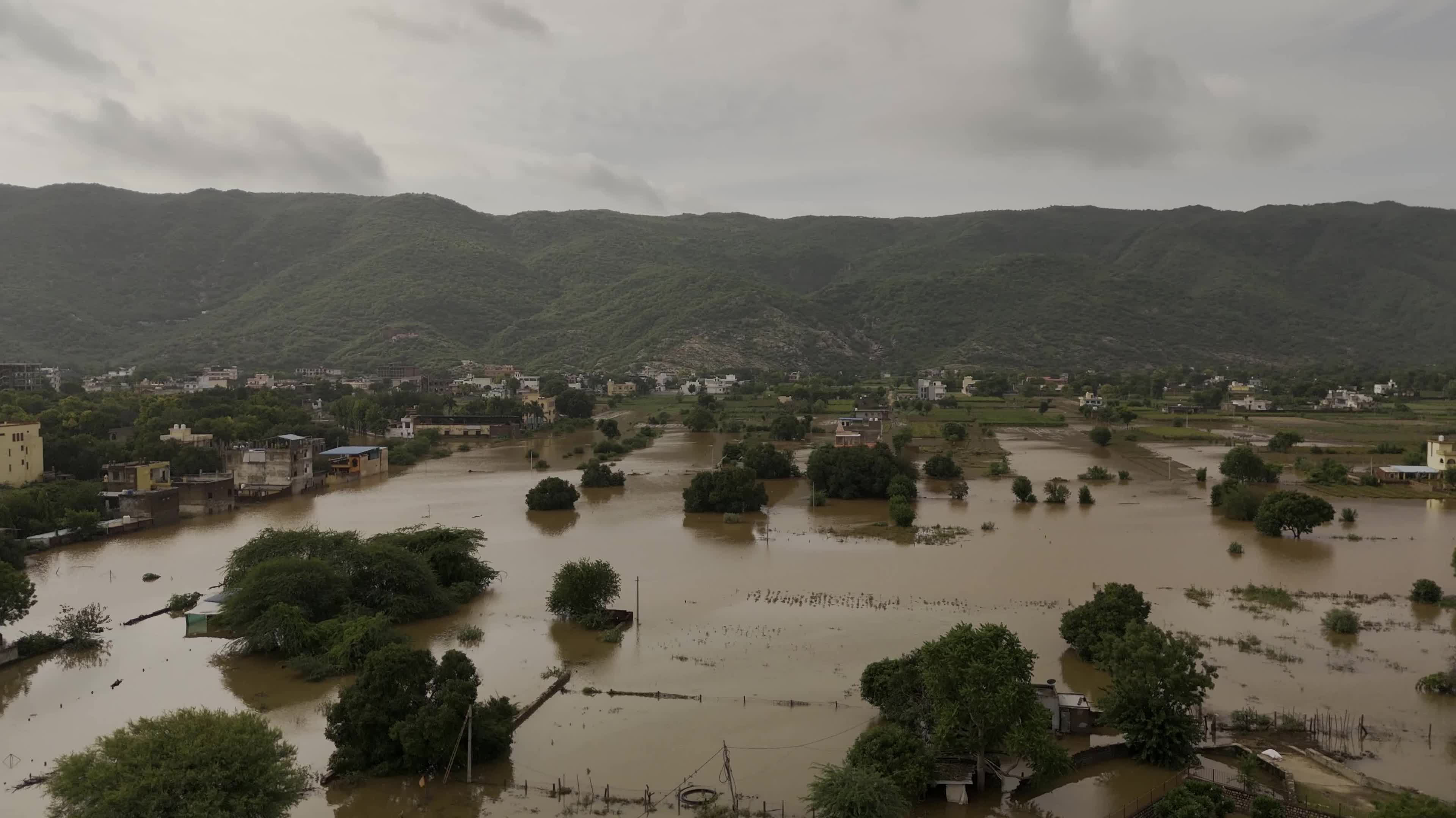 Flood Aerial View of Pushkar Lake and Surrounding Areas Amid Flooding After Monsoon Rains