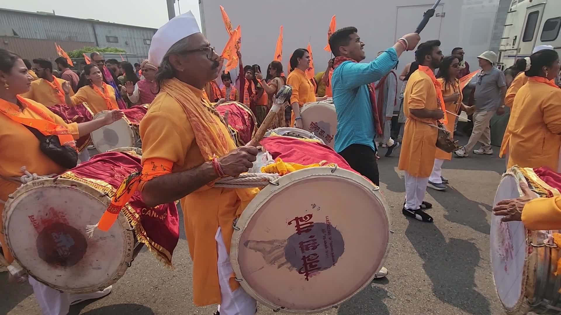 Hindu devotees take part in a Shobha Yatra procession