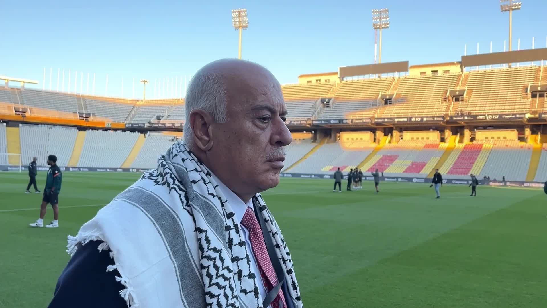Jibril Rajoub, President of the Palestinian Football Federation, at the Lluis Companys Stadium in Barcelona