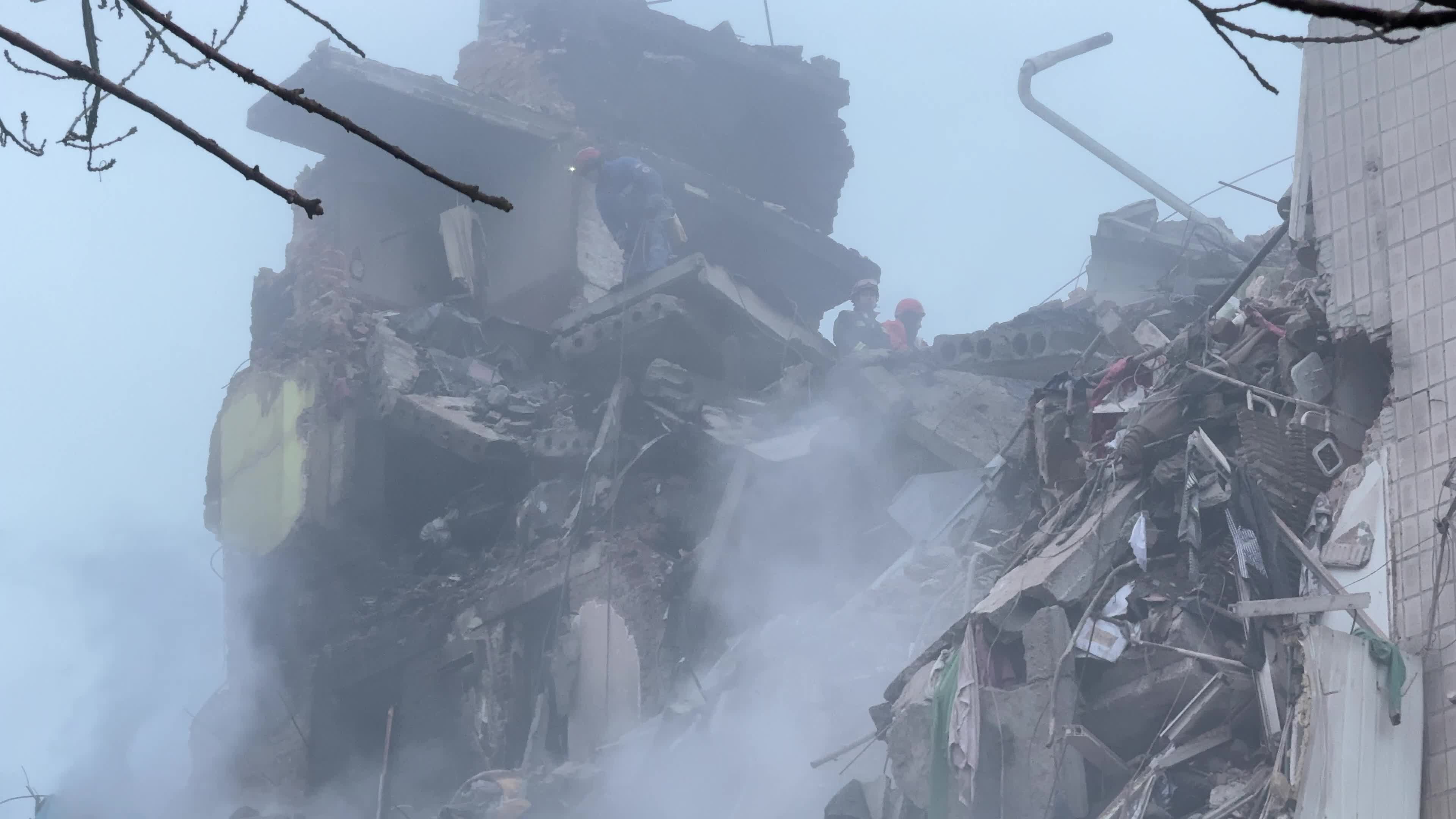 Search and rescue operation at the site where a Russian missile struck a multi-storey residential building in Ternopil, Ukraine