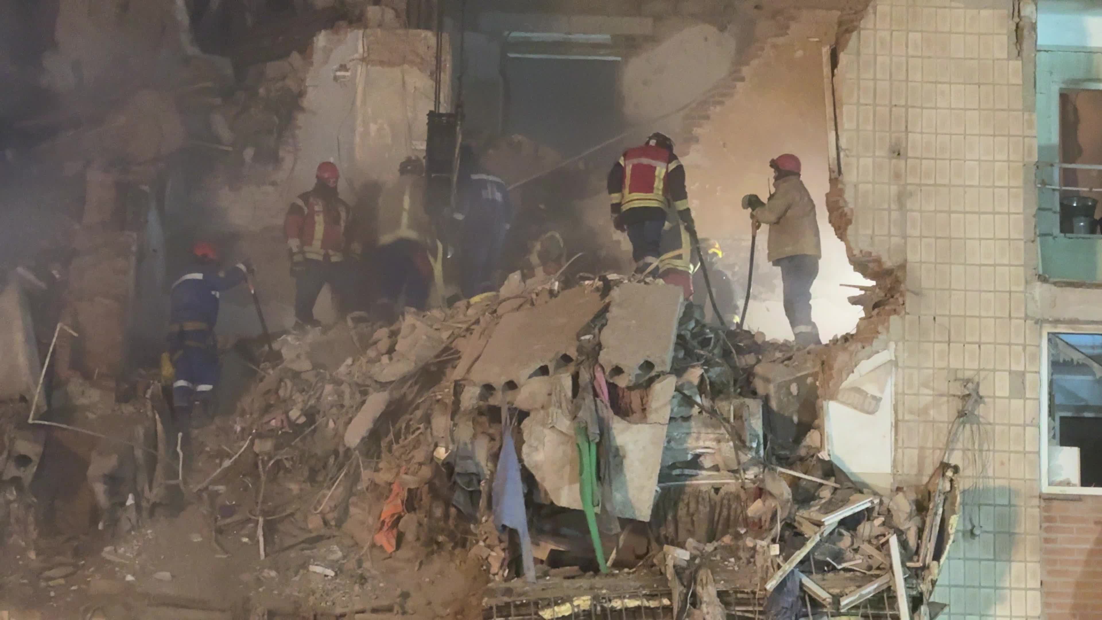 Search and rescue operation at the site where a Russian missile struck a multi-storey residential building in Ternopil, Ukraine