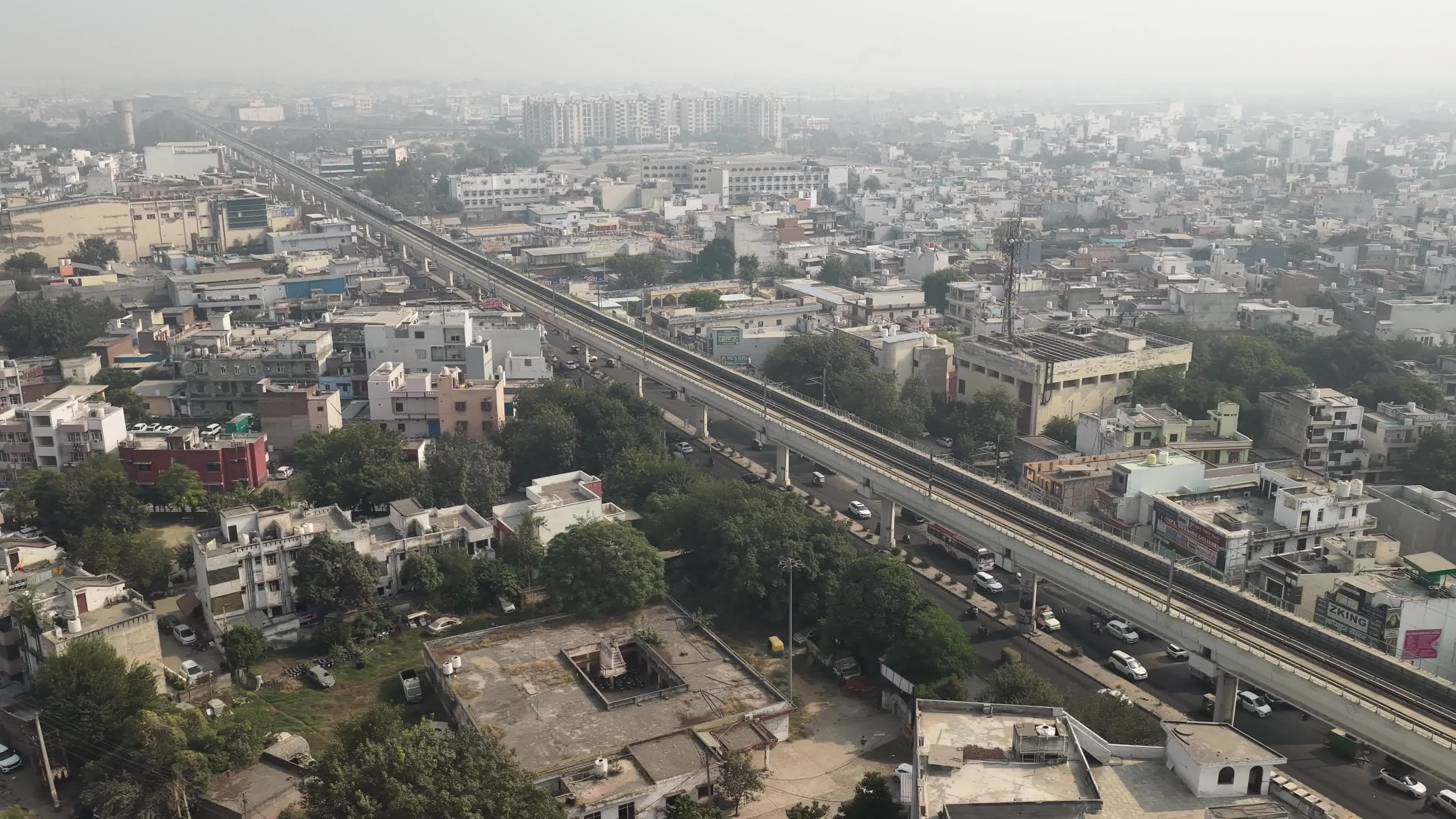 4K Aerial overpopulated View of Industrial & Residential Estate