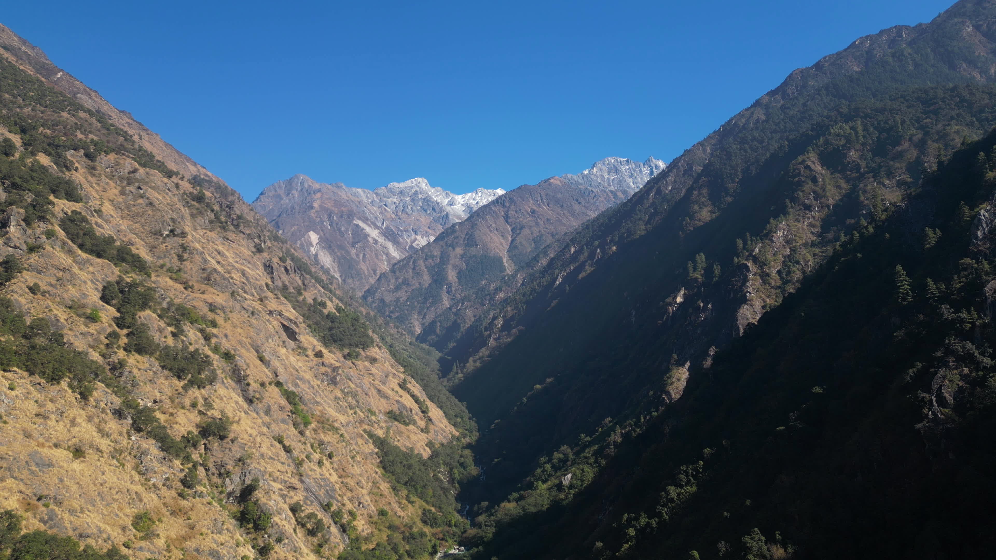 Deep Himalayan Langtang Valley With Distant Snow-Capped Peaks
