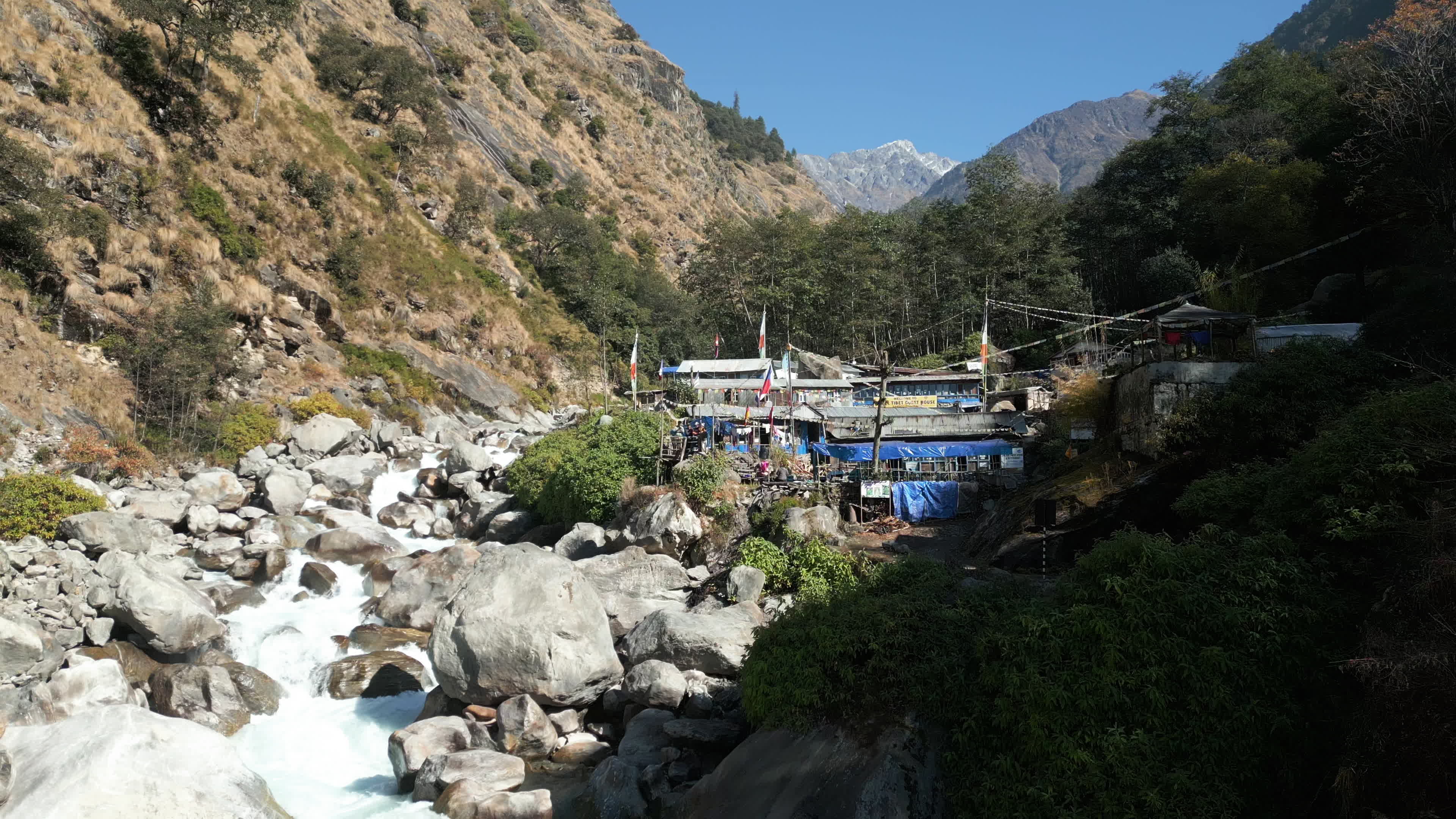 Aerial Valley View of Langtang Trek With River, Teahouses, and Distant Snow Peaks