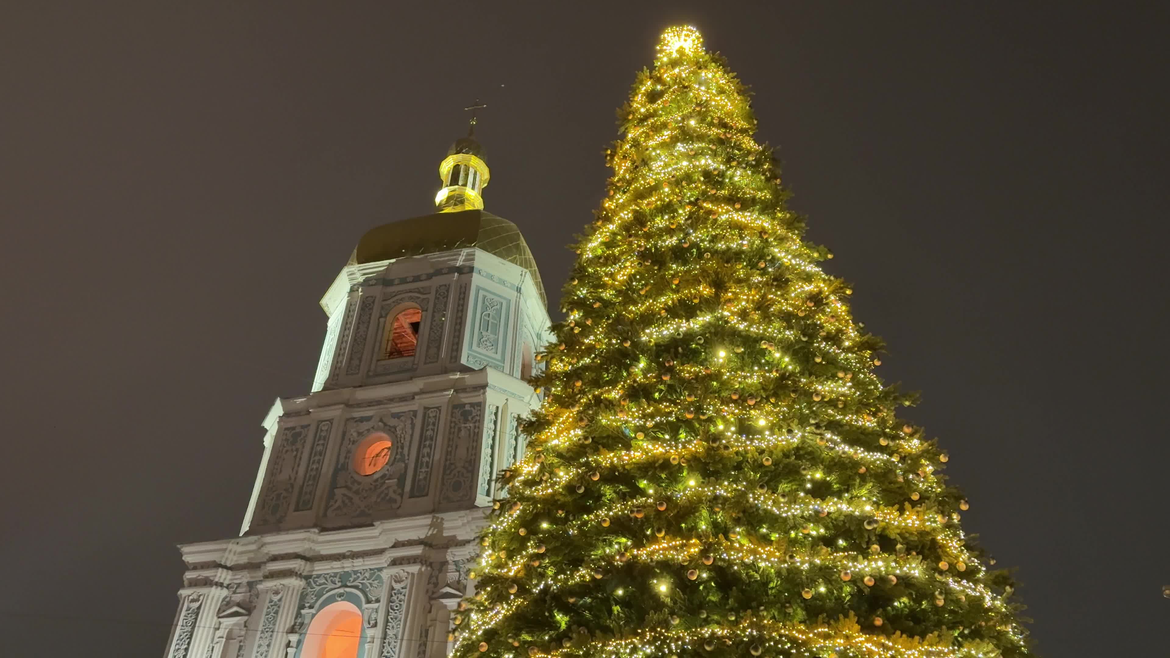 Main Christmas tree of Kyiv during a blackout caused by Russia’s ongoing strikes on Ukraine’s energy infrastructure