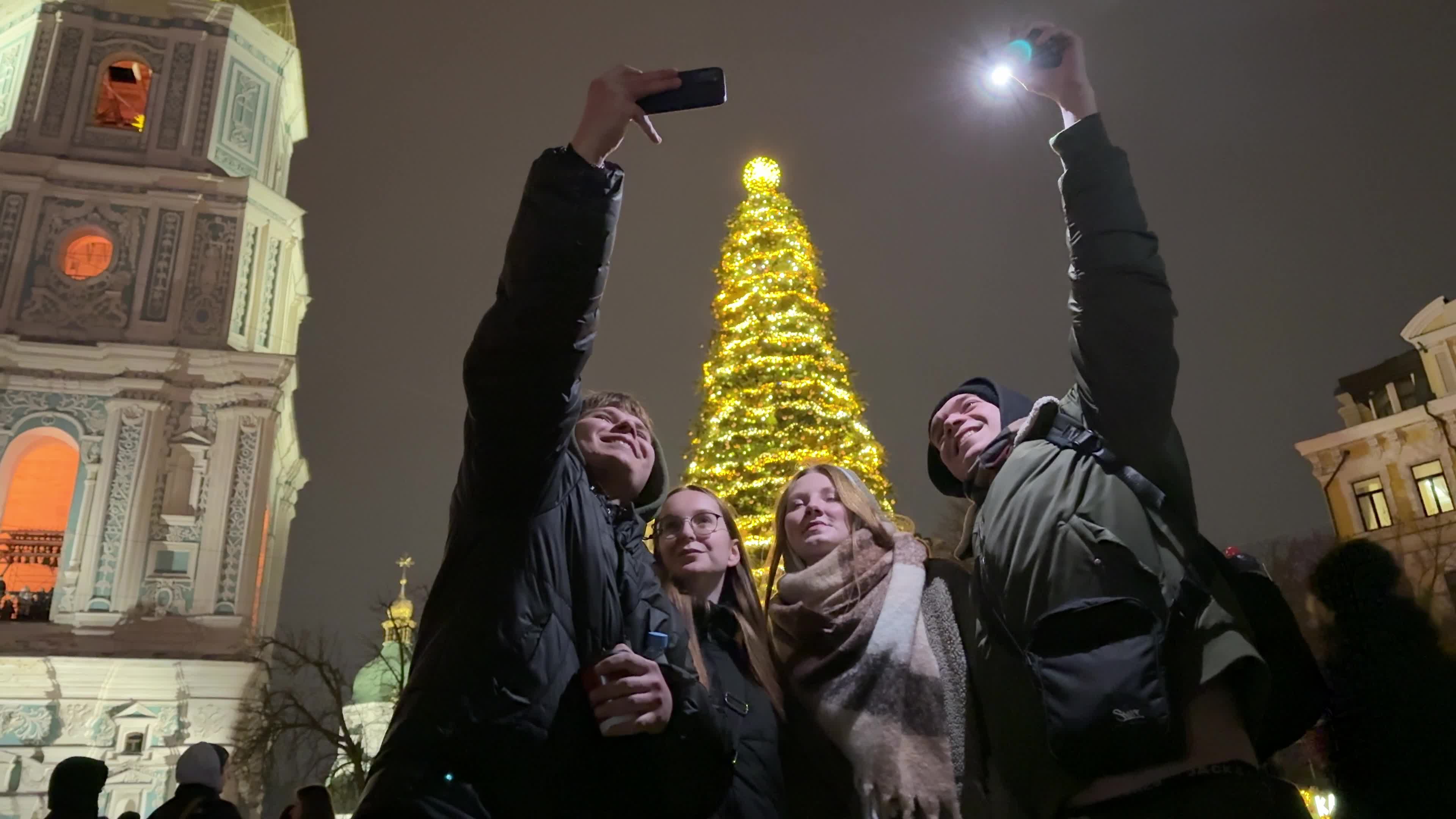 Main Christmas tree of Kyiv during a blackout caused by Russia’s ongoing strikes on Ukraine’s energy infrastructure