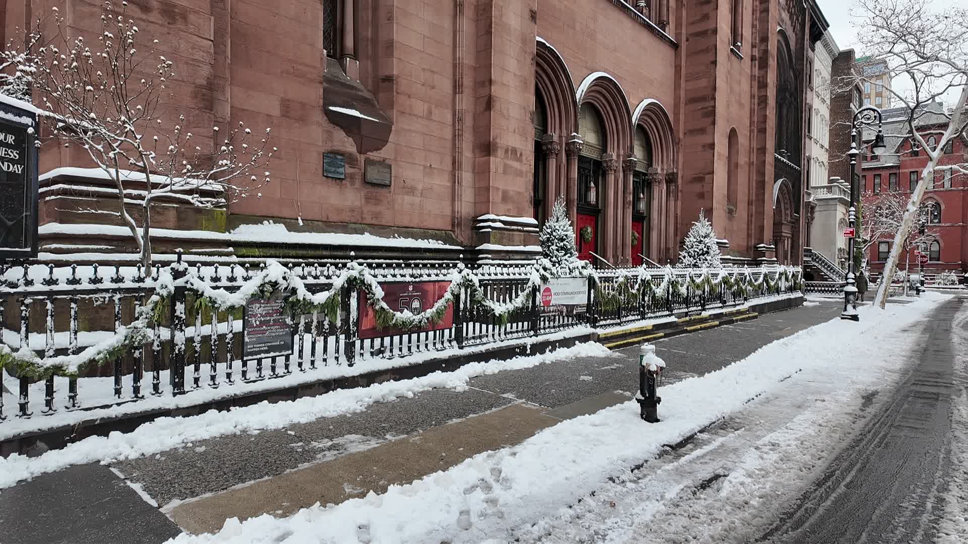 Snow covers the streets outside St. George’s Church