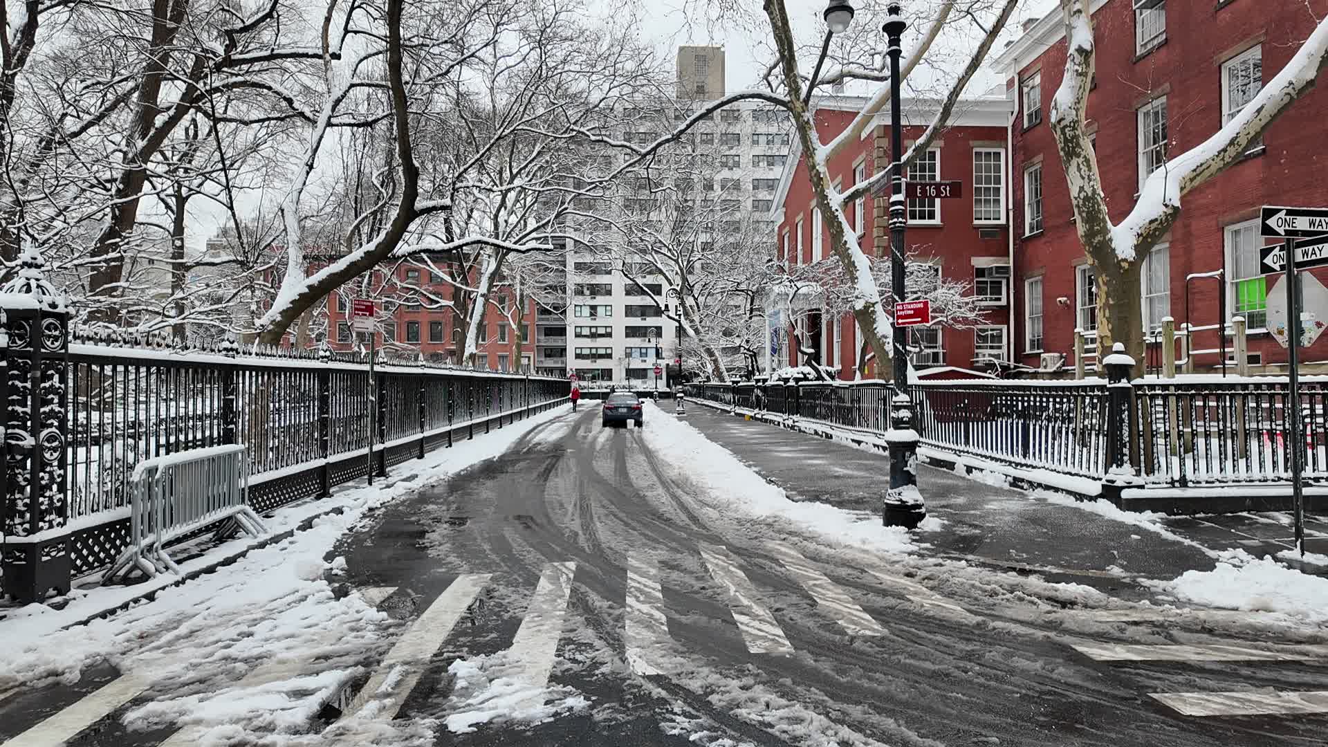 Snow covers the streets outside St. George’s Church