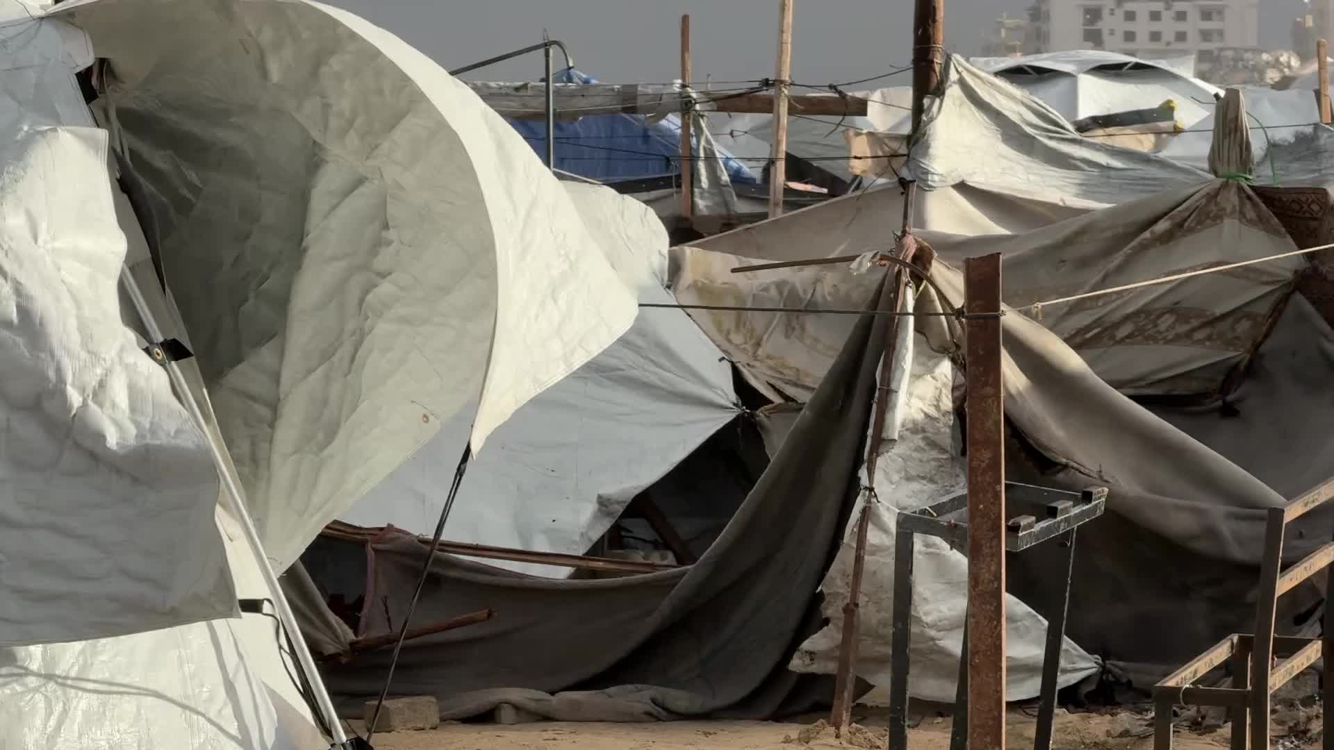 Tent Shelters Line Gaza City Shore Amid Winter Winds