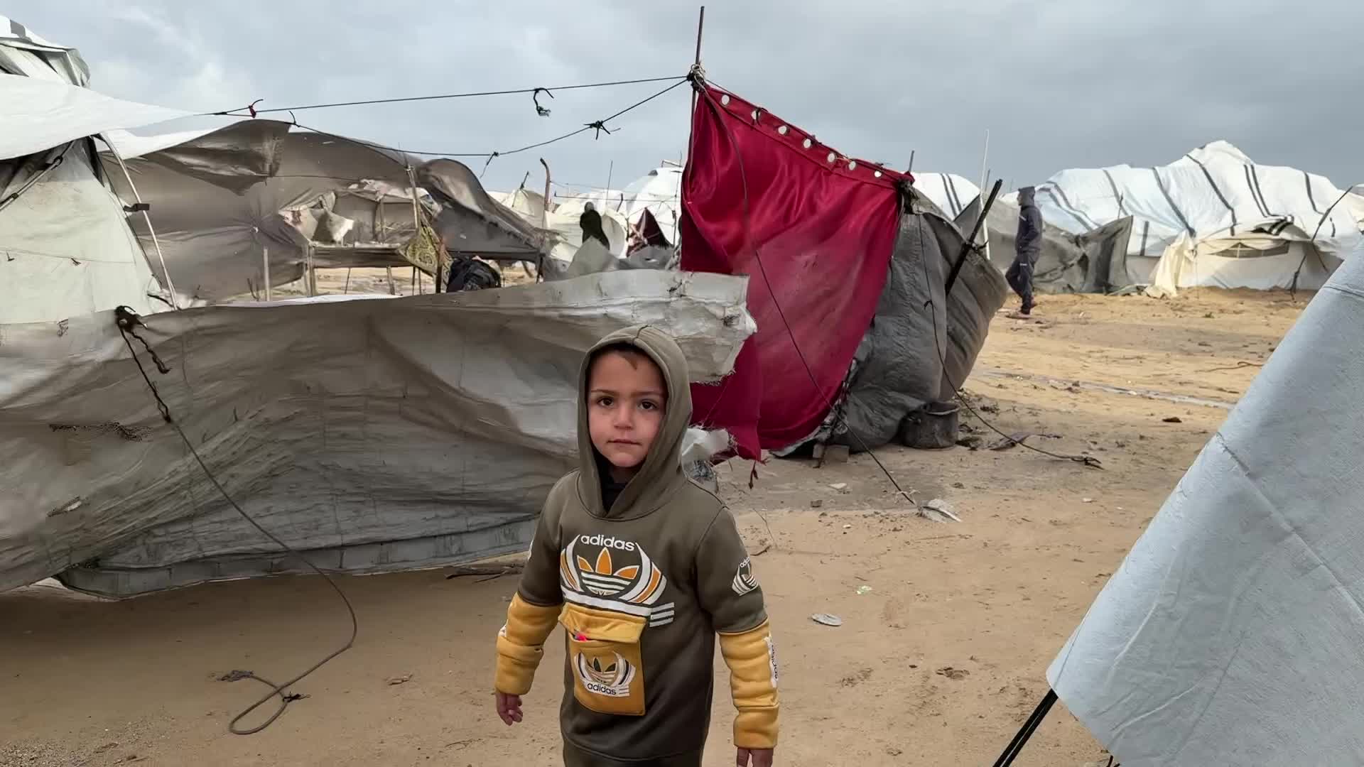 Tent Shelters Line Gaza City Shore Amid Winter Winds