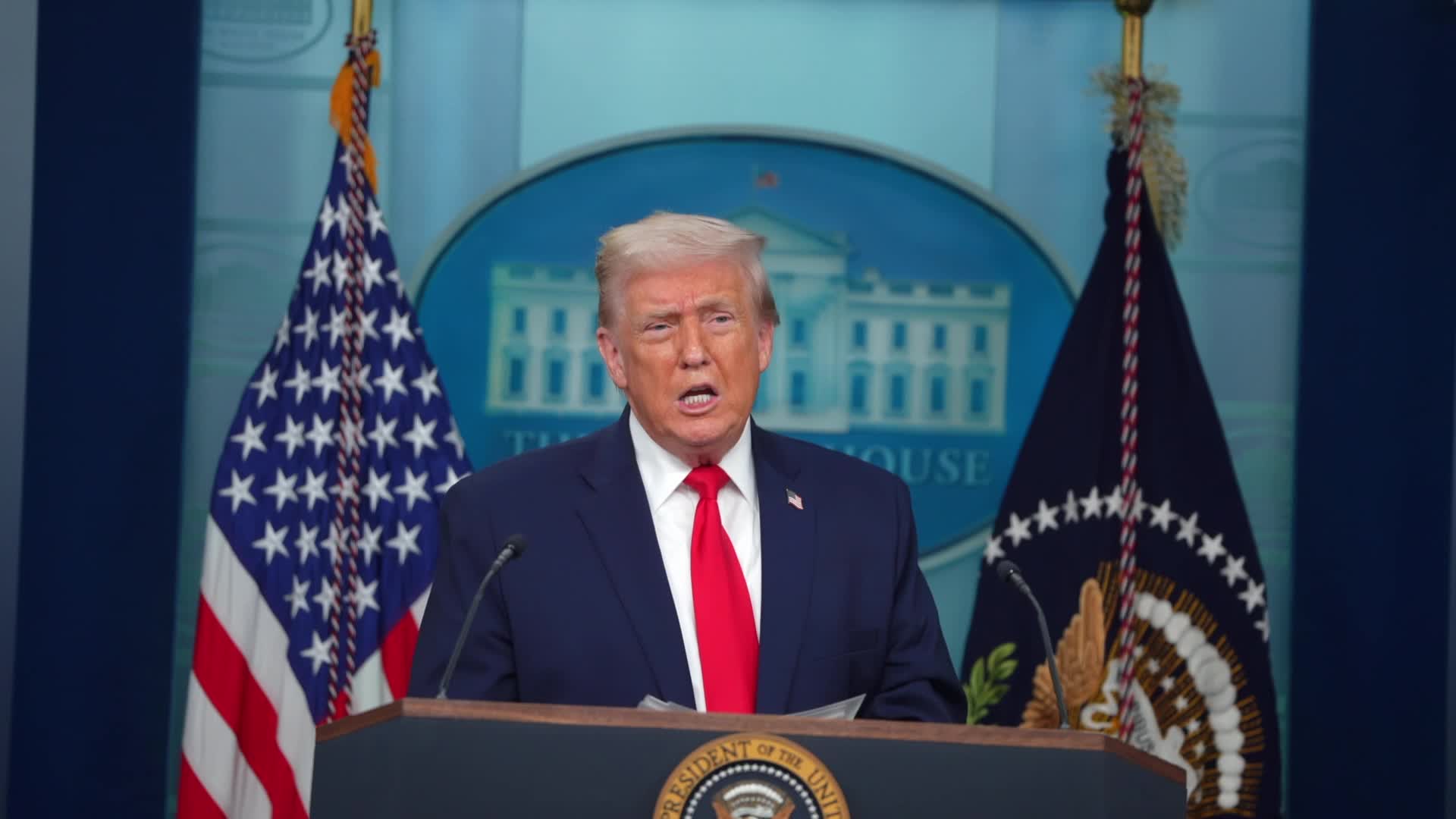 President Trump Joins Press Secretary Leavitt At White House Briefing