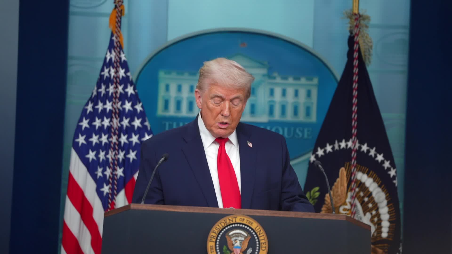 President Trump Joins Press Secretary Leavitt At White House Briefing