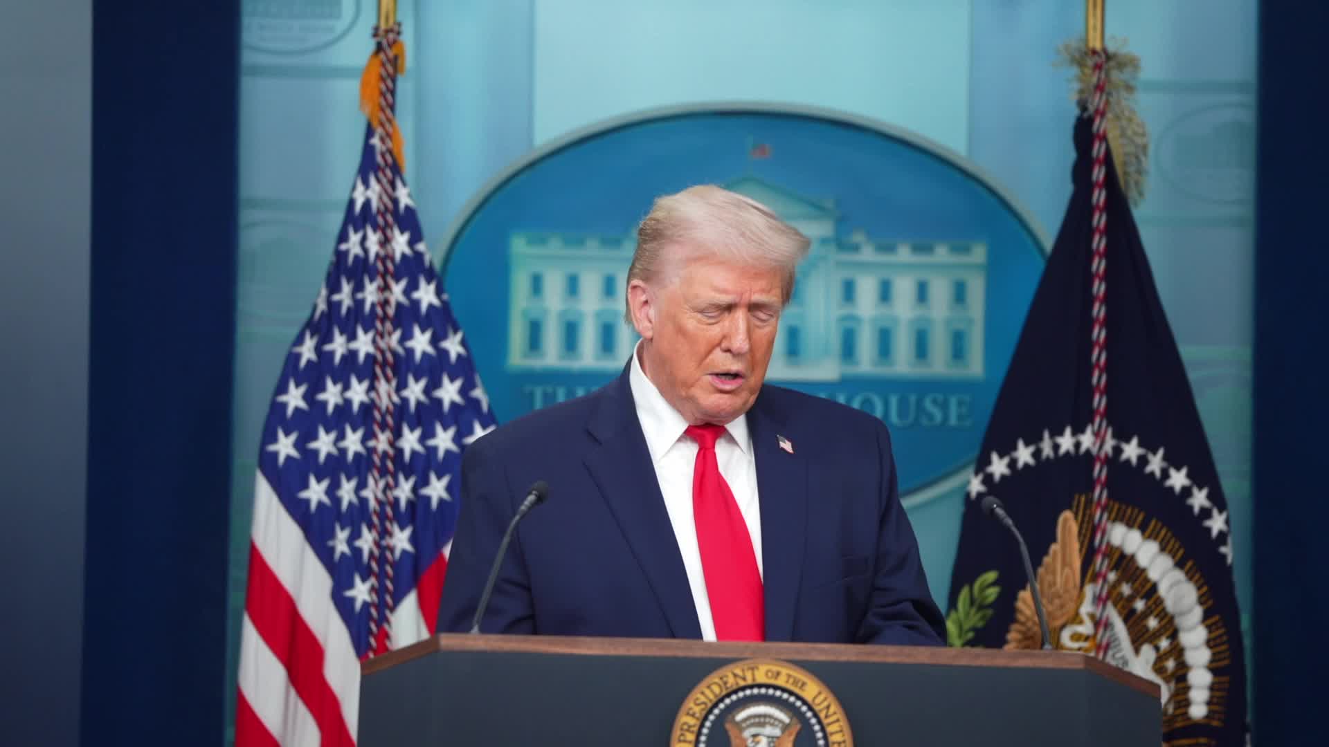 President Trump Joins Press Secretary Leavitt At White House Briefing