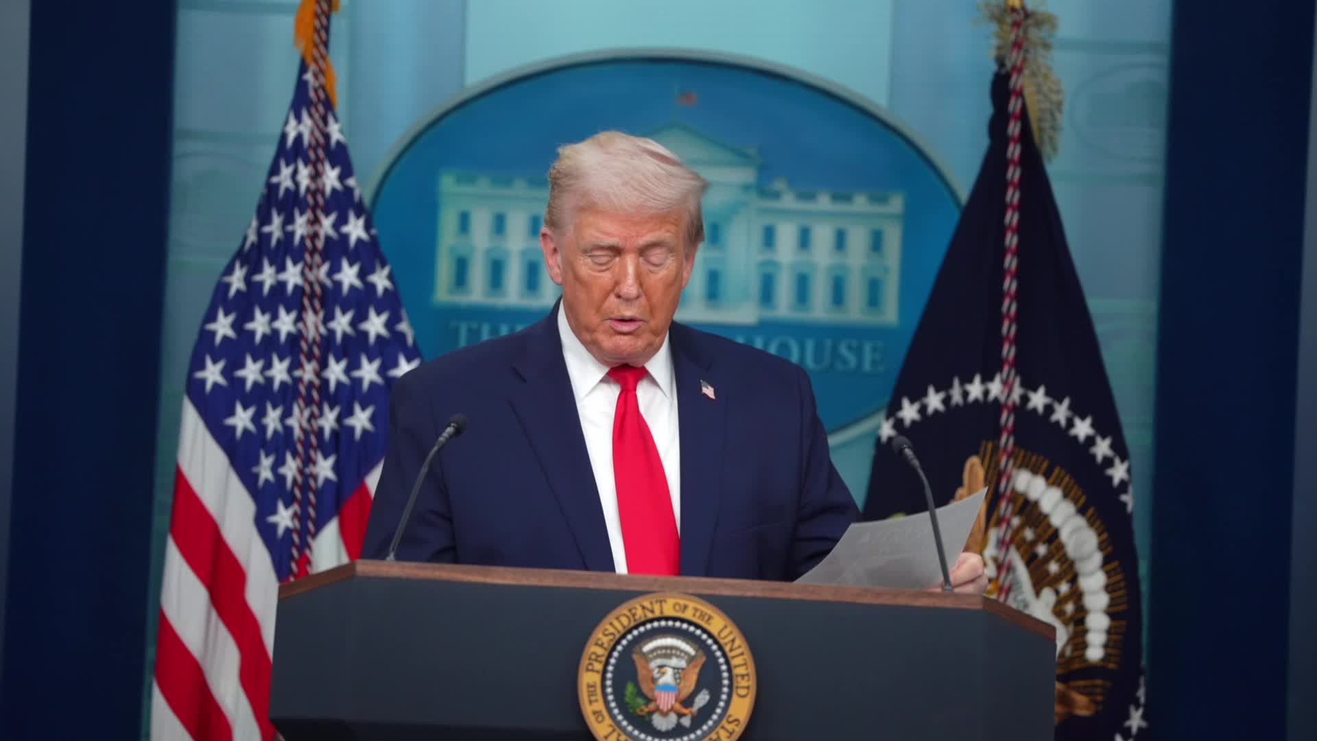 President Trump Joins Press Secretary Leavitt At White House Briefing