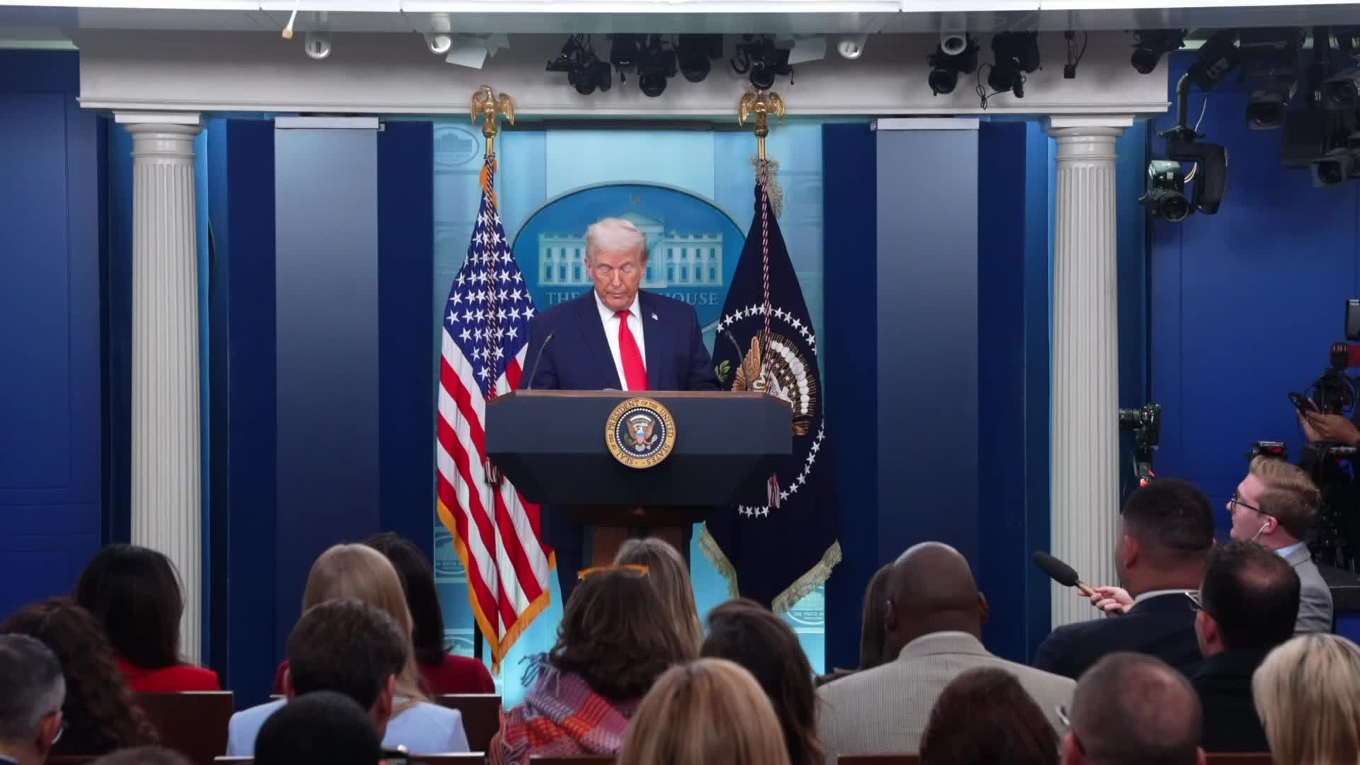 President Trump Joins Press Secretary Leavitt At White House Briefing