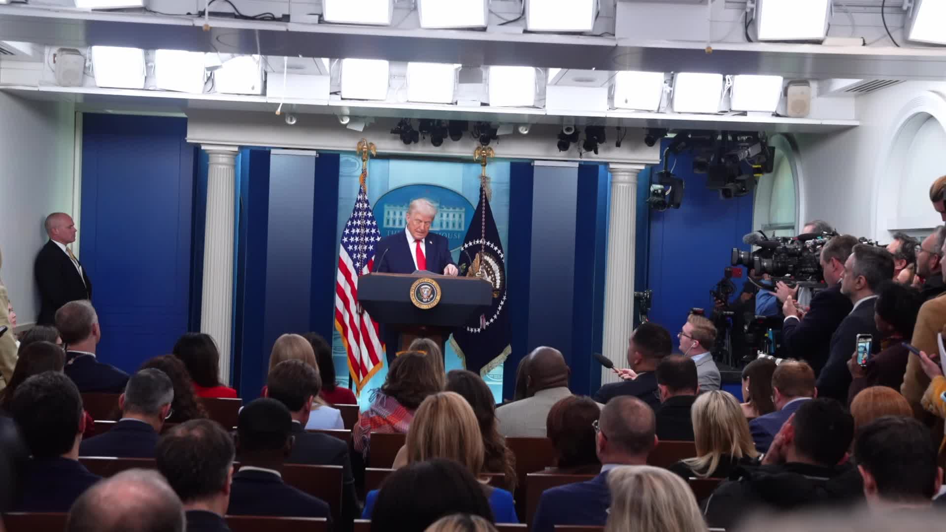 President Trump Joins Press Secretary Leavitt At White House Briefing