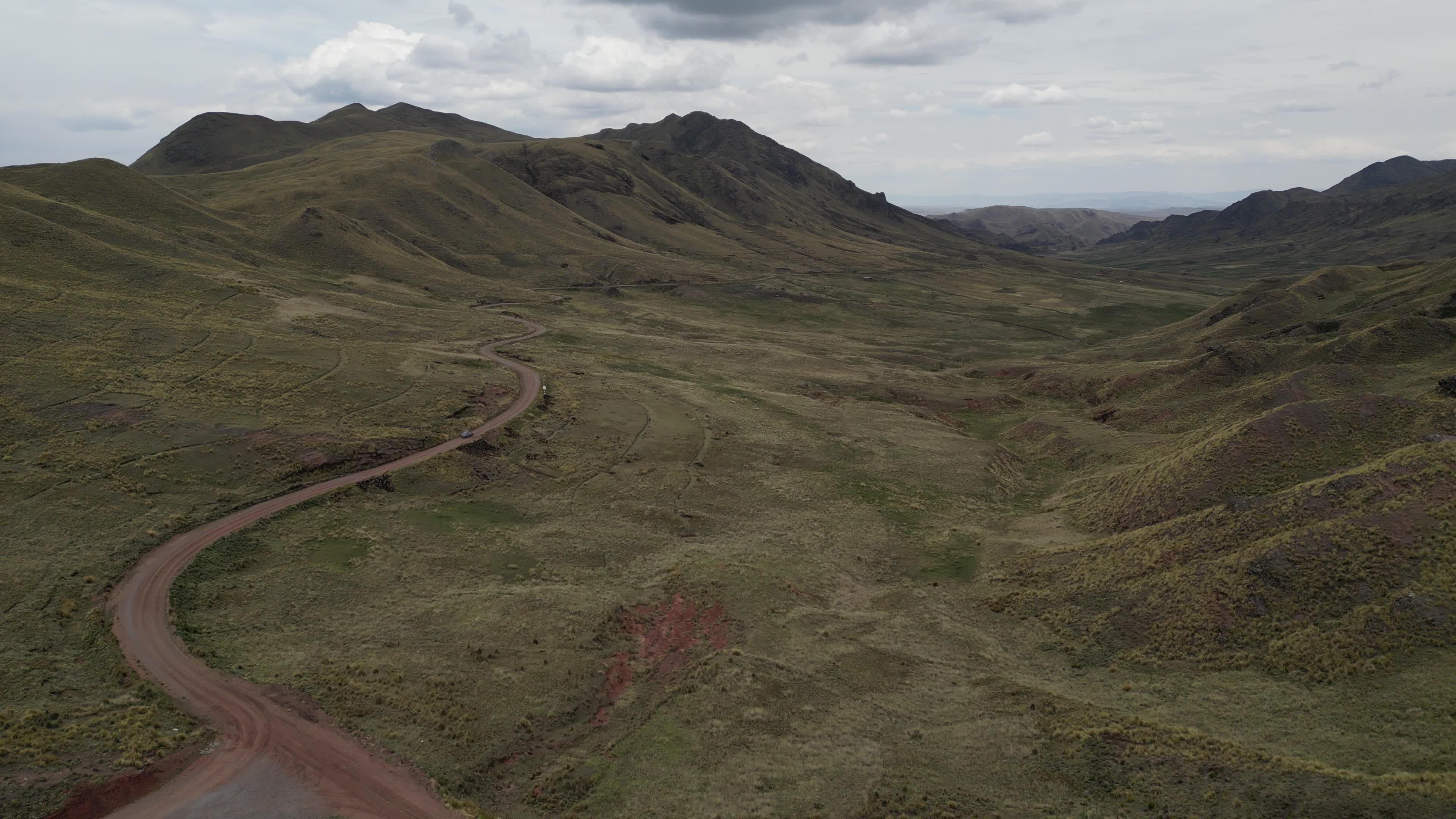 Drone videos of a car driving on the Peruvian Andes
