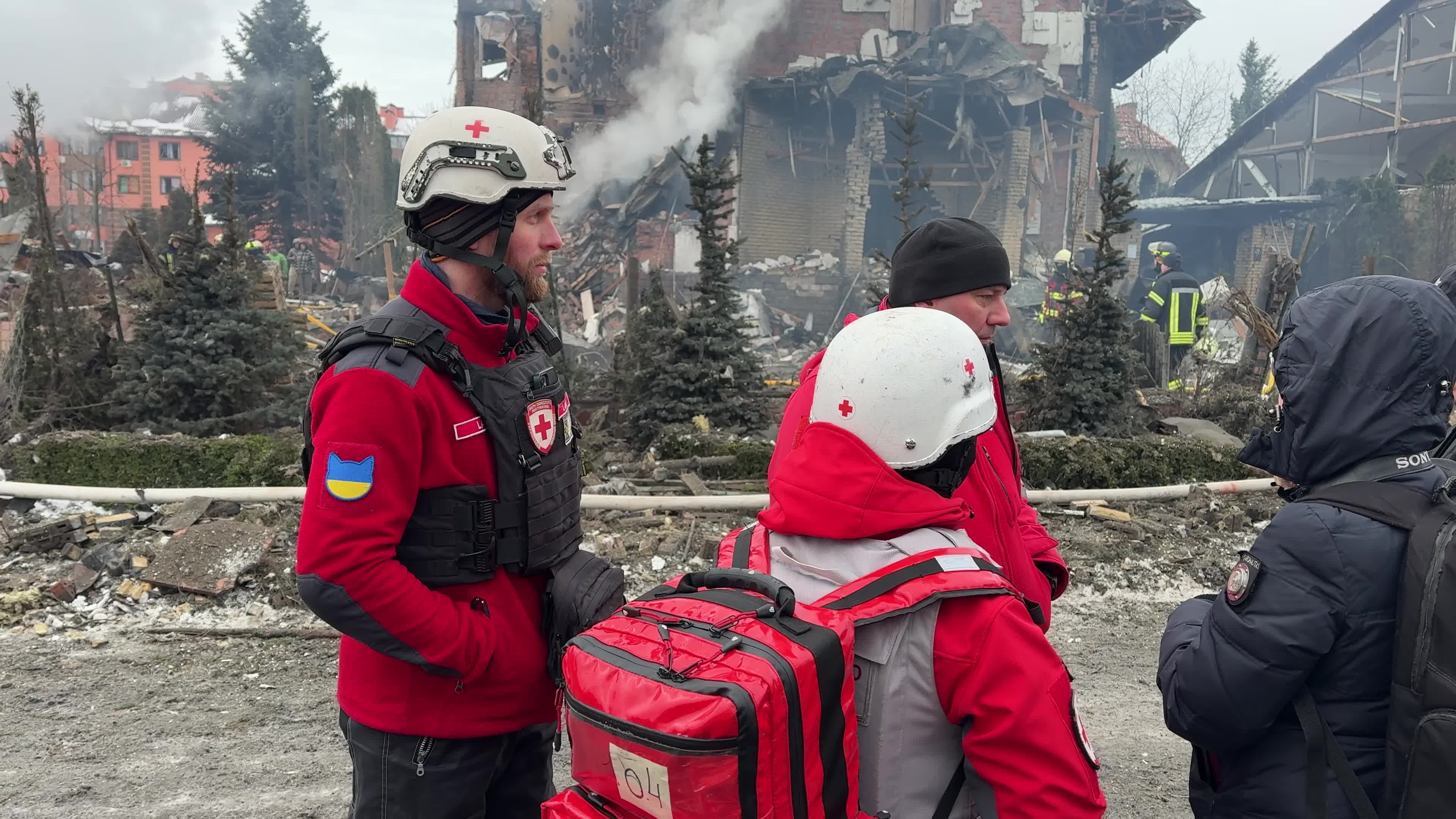 The aftermath of a Russian missile strike on a residential area in Kyiv, Ukraine