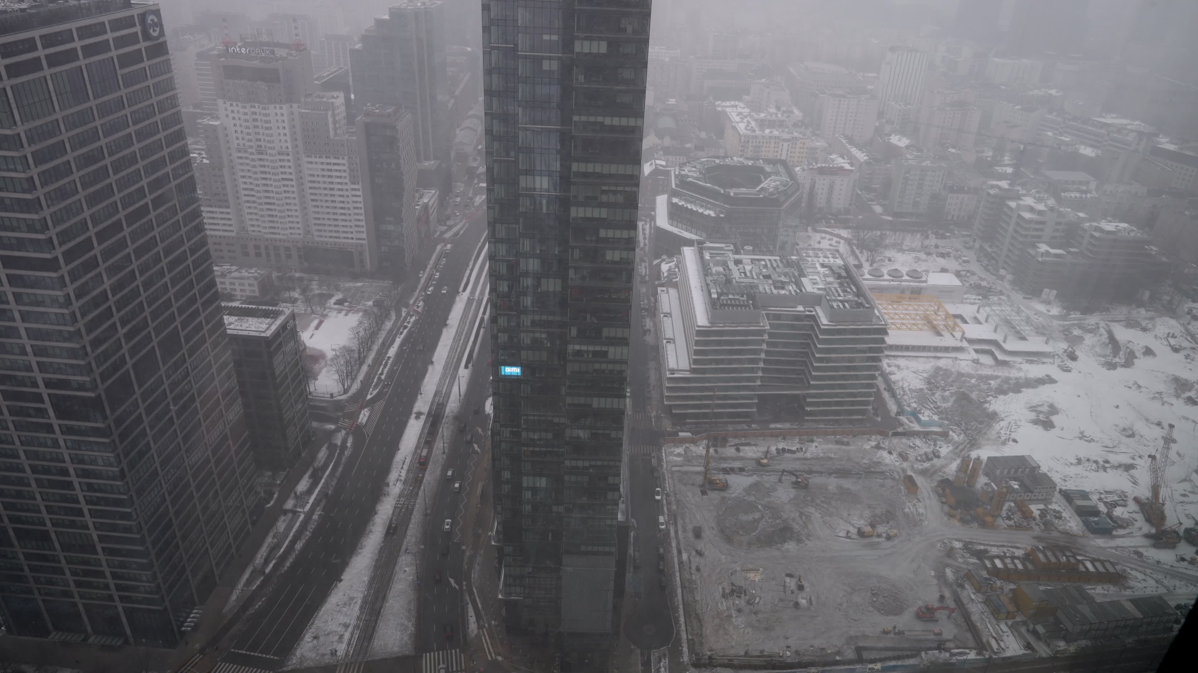 Heavy snow in Warsaw as seen from high-rise tower