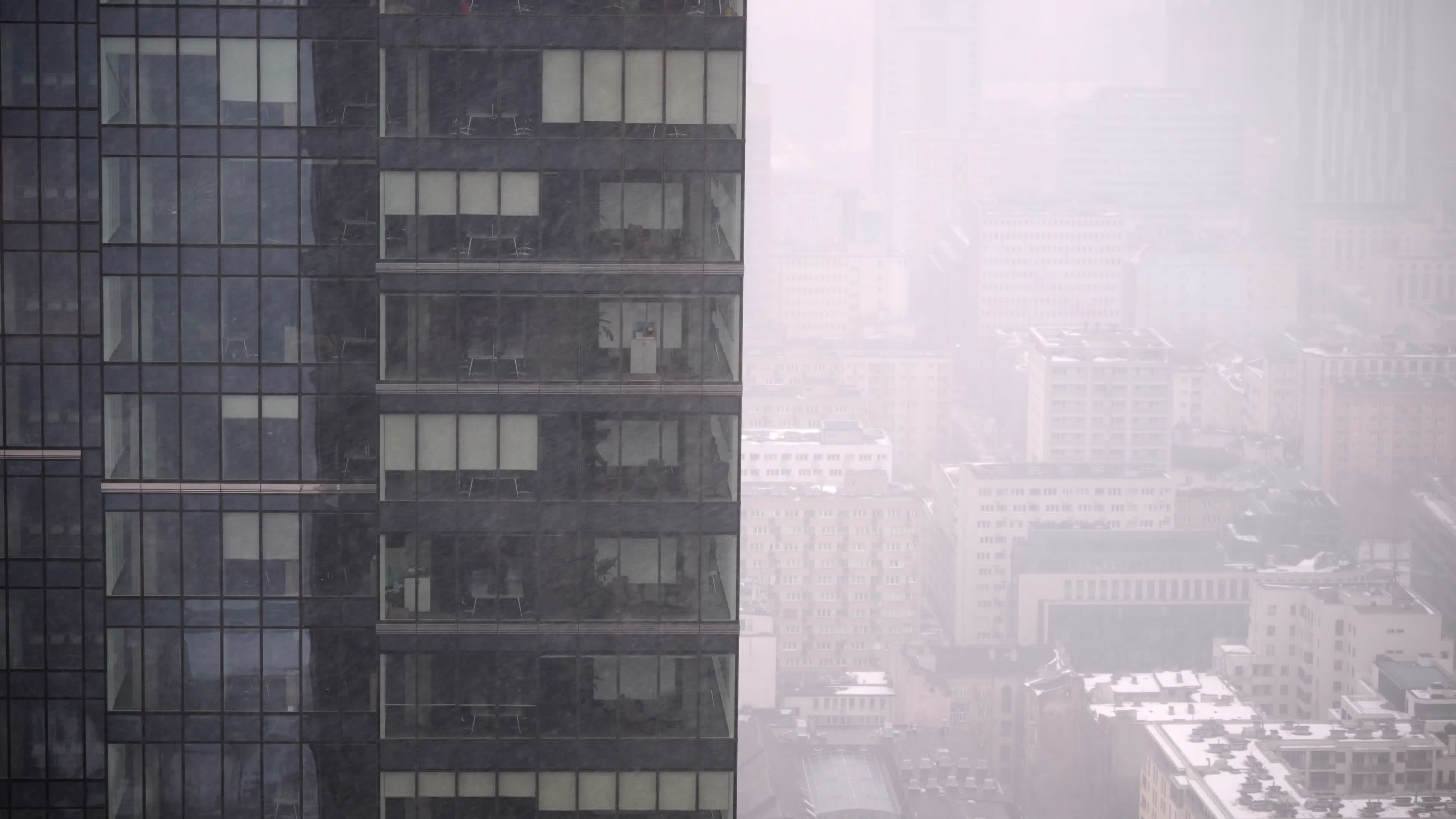 Heavy snow in Warsaw as seen from high-rise tower