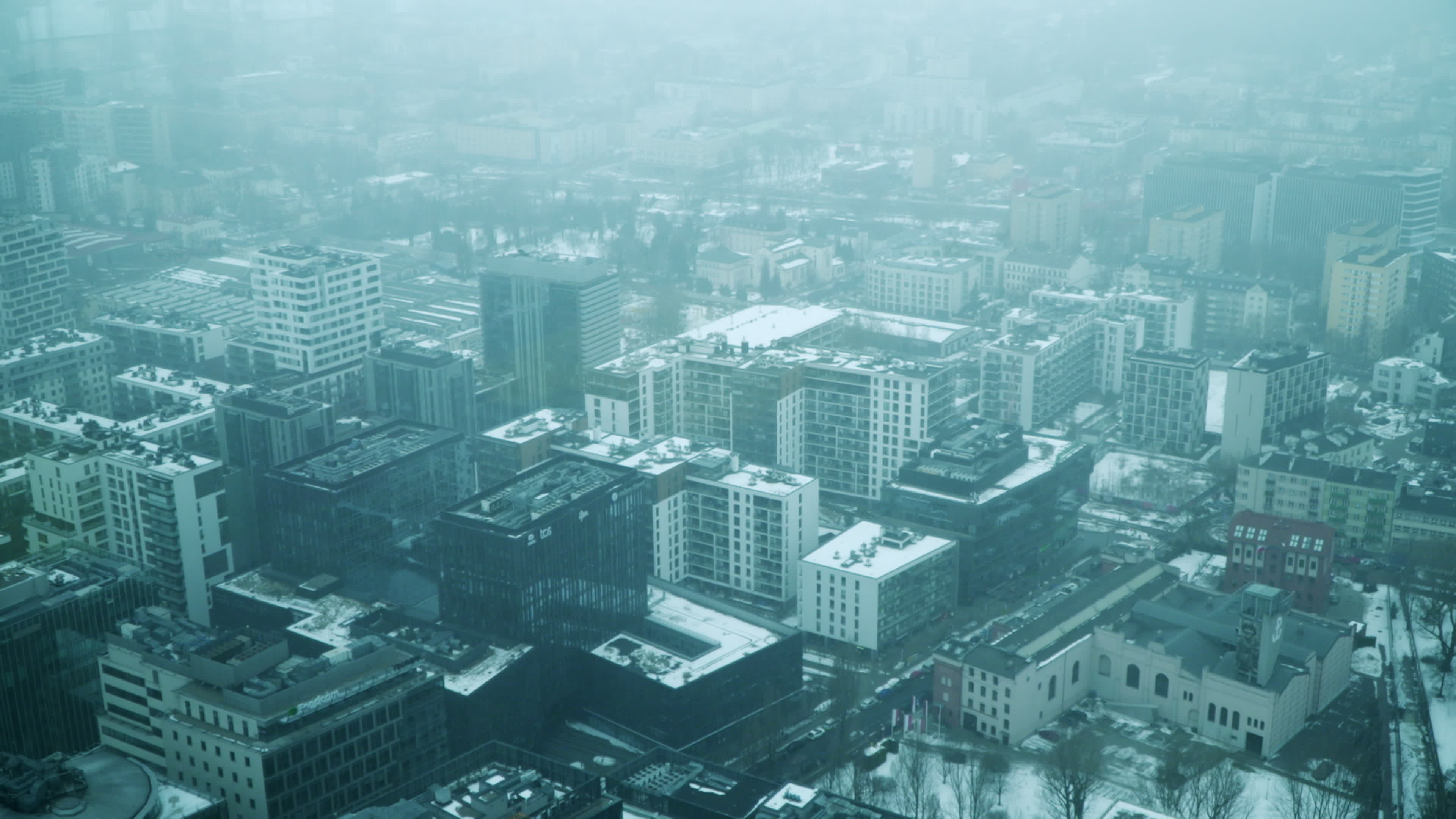 Heavy snow in Warsaw as seen from high-rise tower