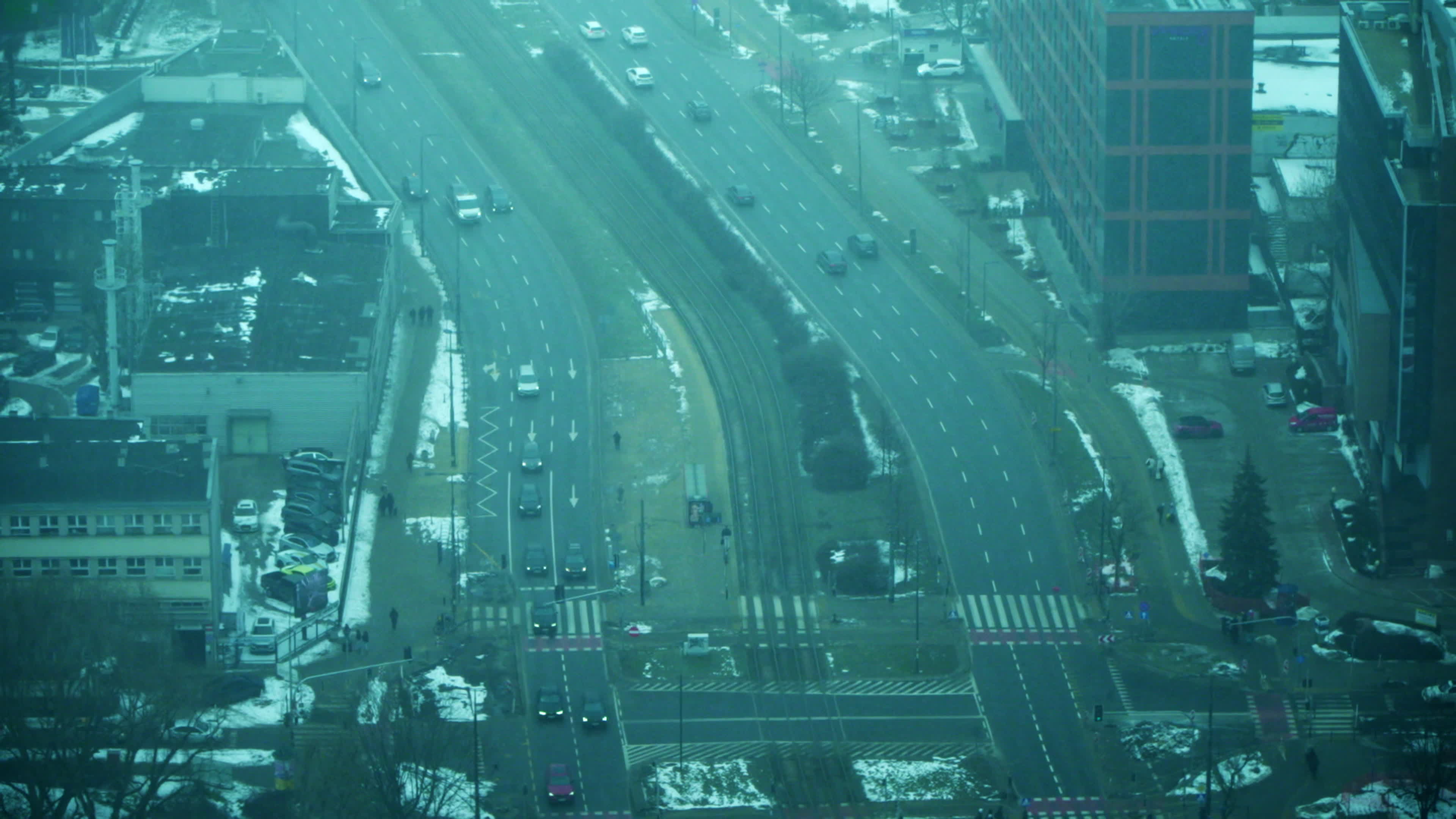 Heavy snow in Warsaw as seen from high-rise tower