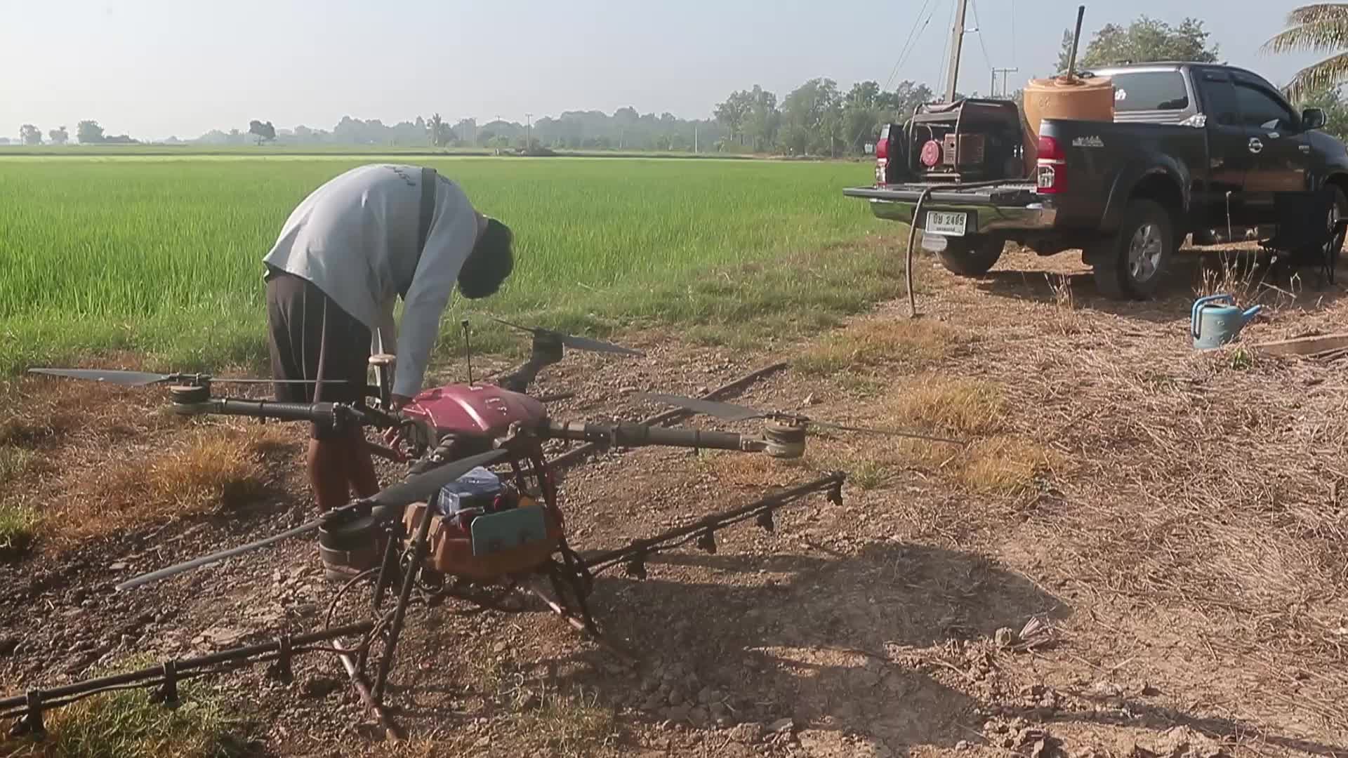 A drone sprays fertilizer over a rice field