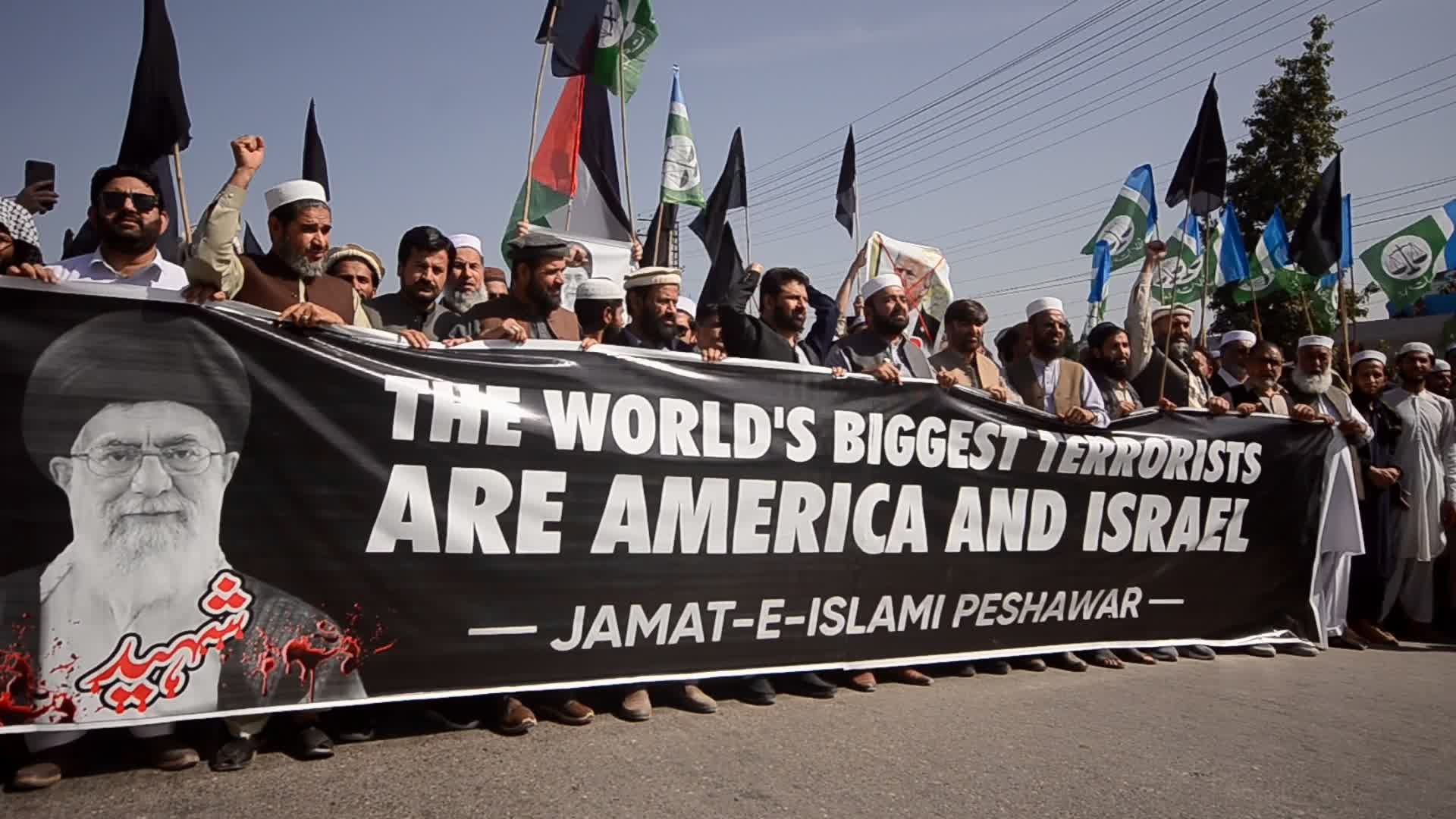Jamaat-e-Islami supporters protest in Peshawar against the joint US-Israeli attacks on Iran