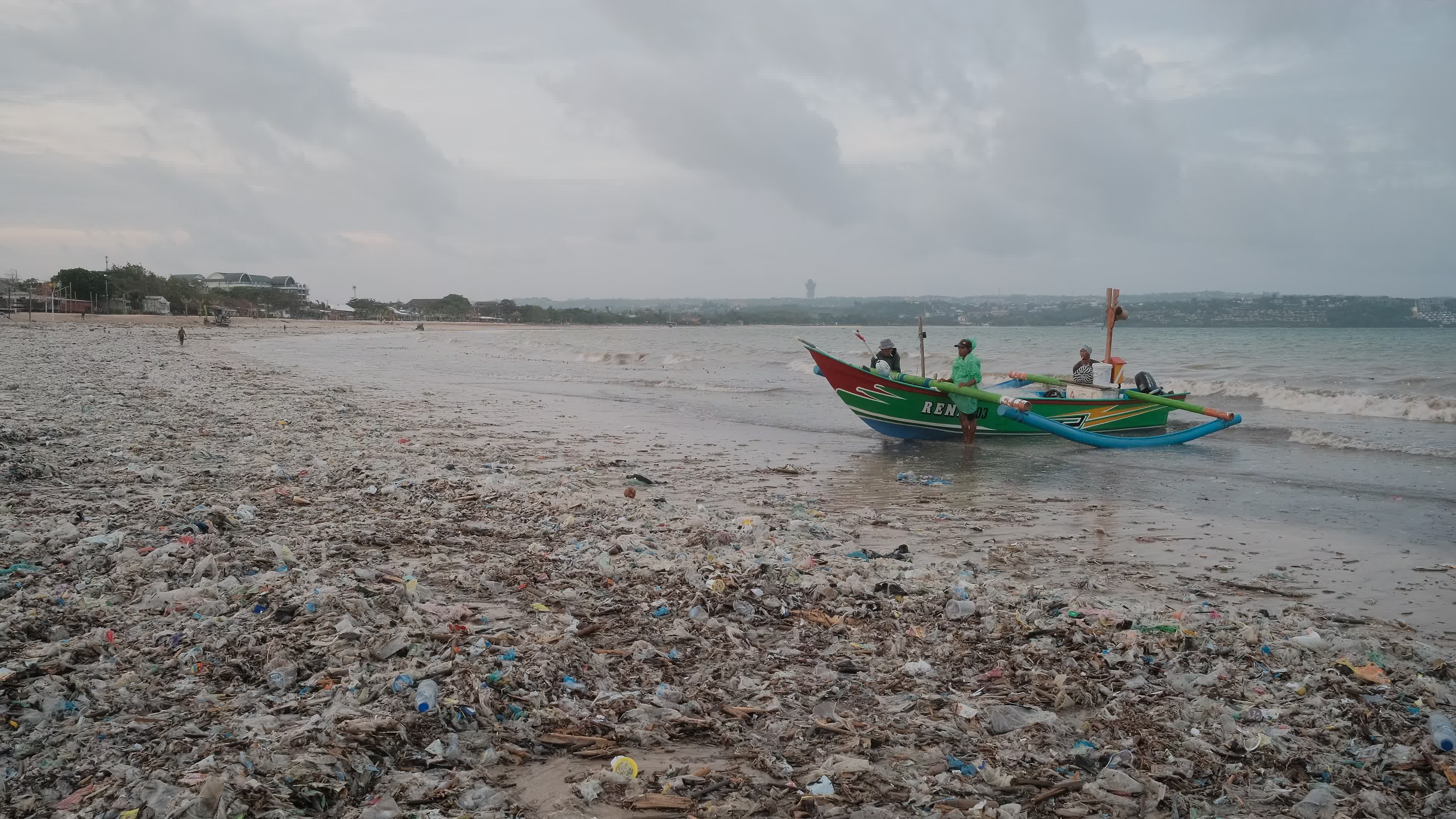 Seasonal plastic waste on the beach, Bali island, Indonesia.