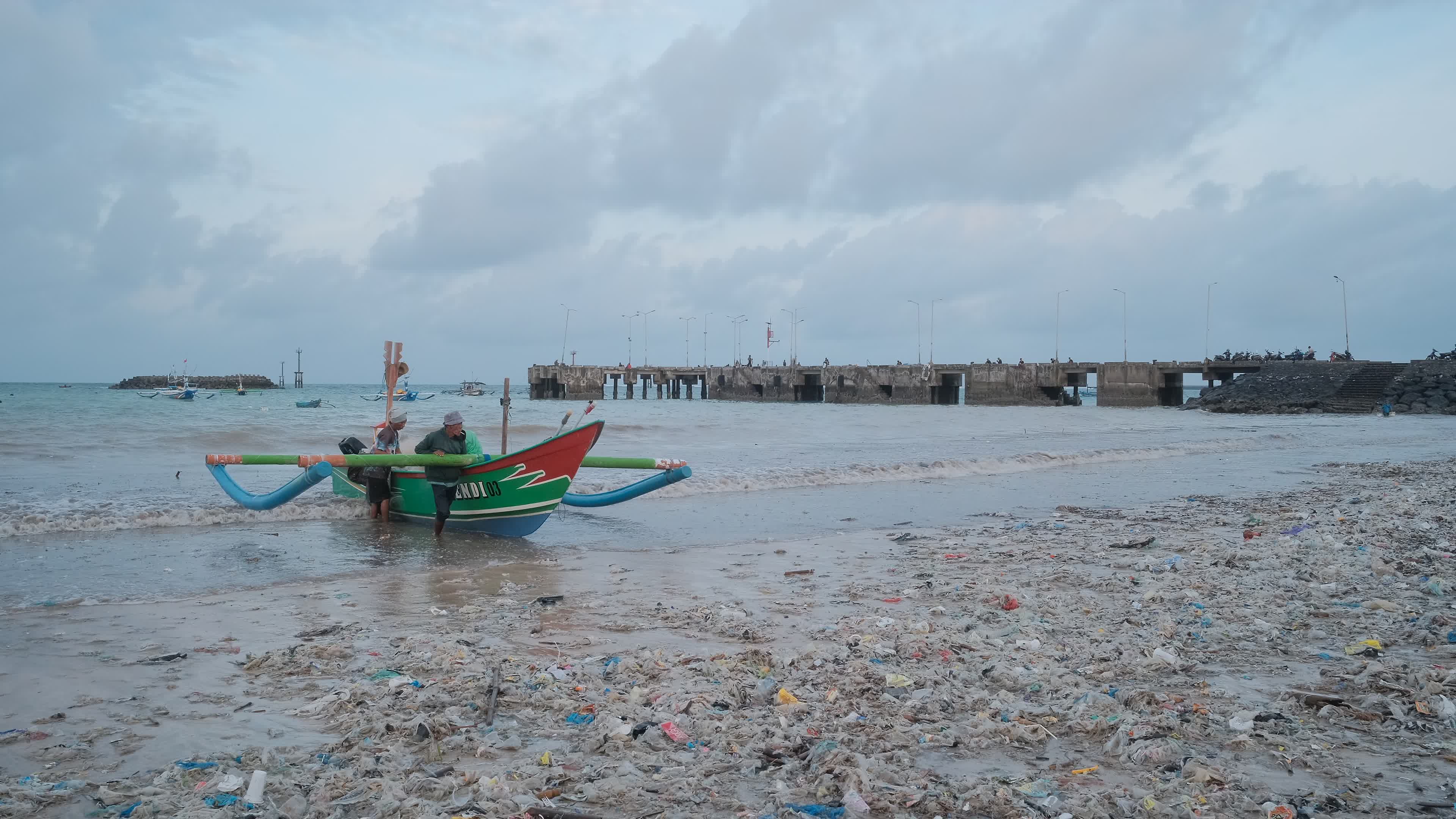 Seasonal plastic waste on the beach, Bali island, Indonesia.