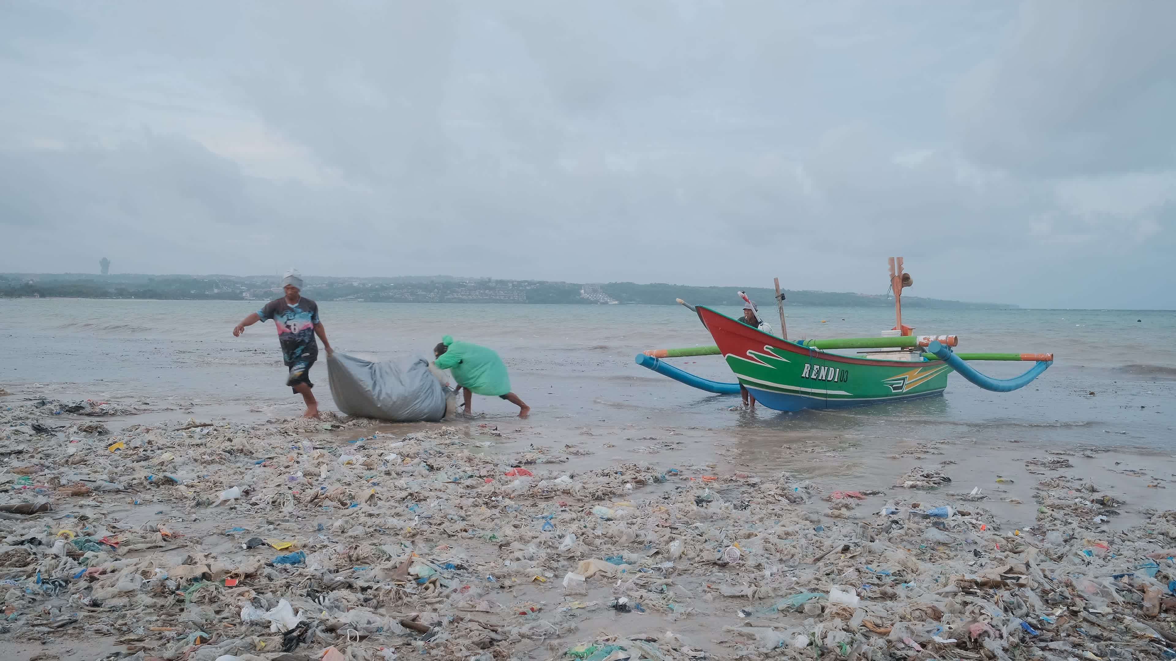 Seasonal plastic waste on the beach, Bali island, Indonesia.