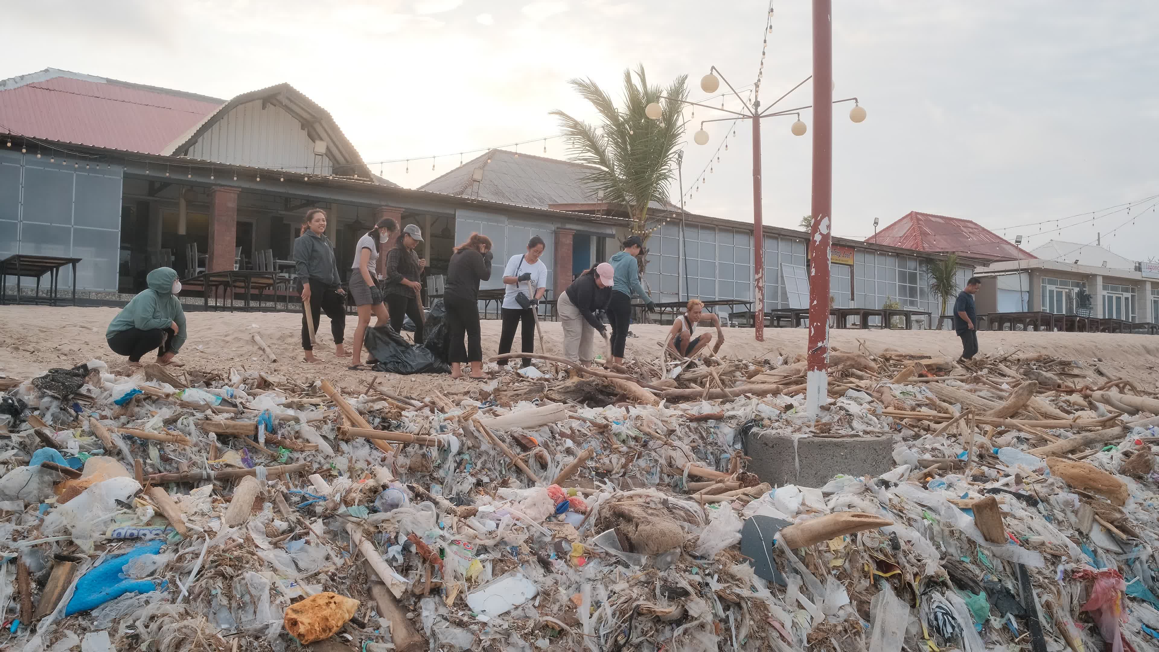 Seasonal plastic waste on the beach, Bali island, Indonesia.