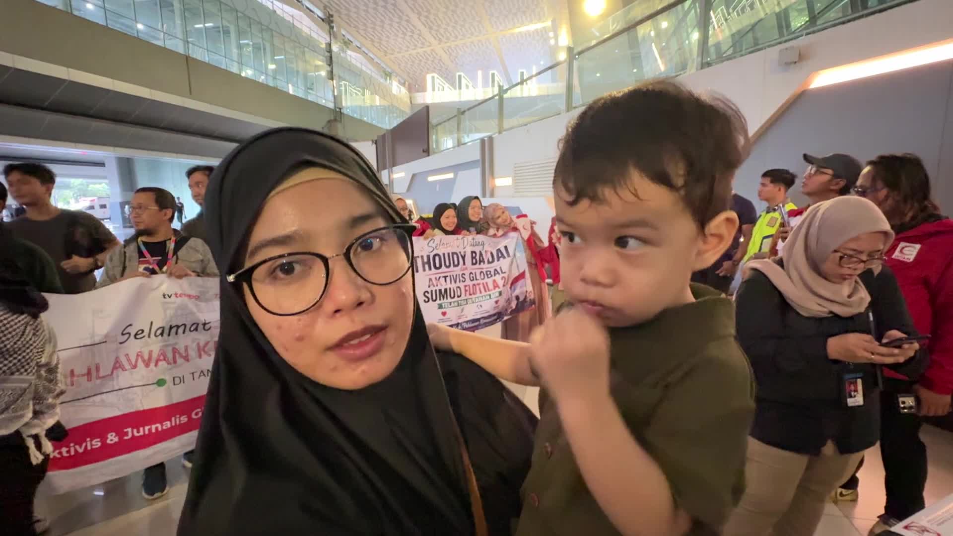 Flotila activist and journalist from Indonesia arrivad at Sukarno hatta Airport, Tangerang, Banten, Indonesia
