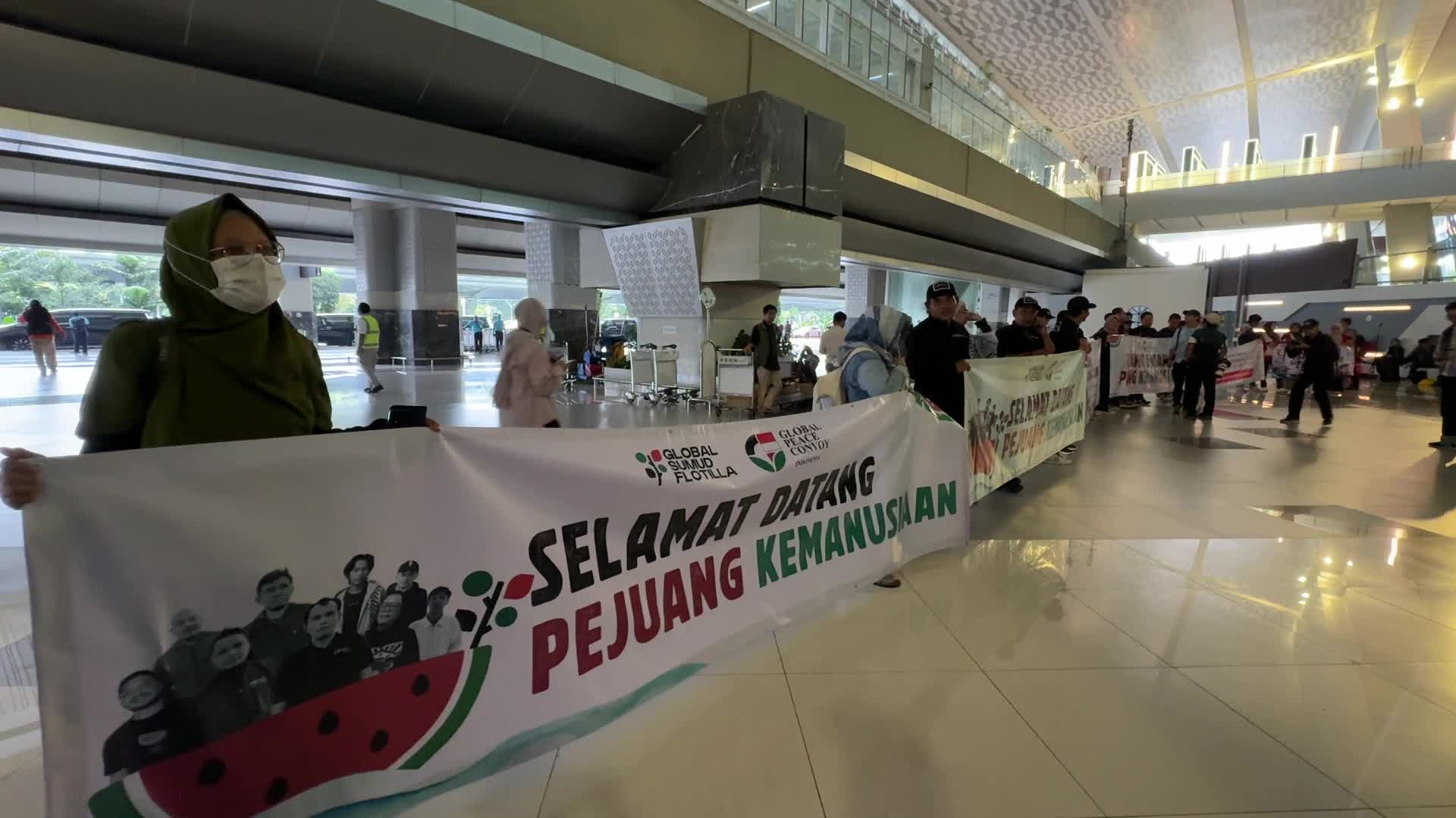 Flotila activist and journalist from Indonesia arrivad at Sukarno hatta Airport, Tangerang, Banten, Indonesia