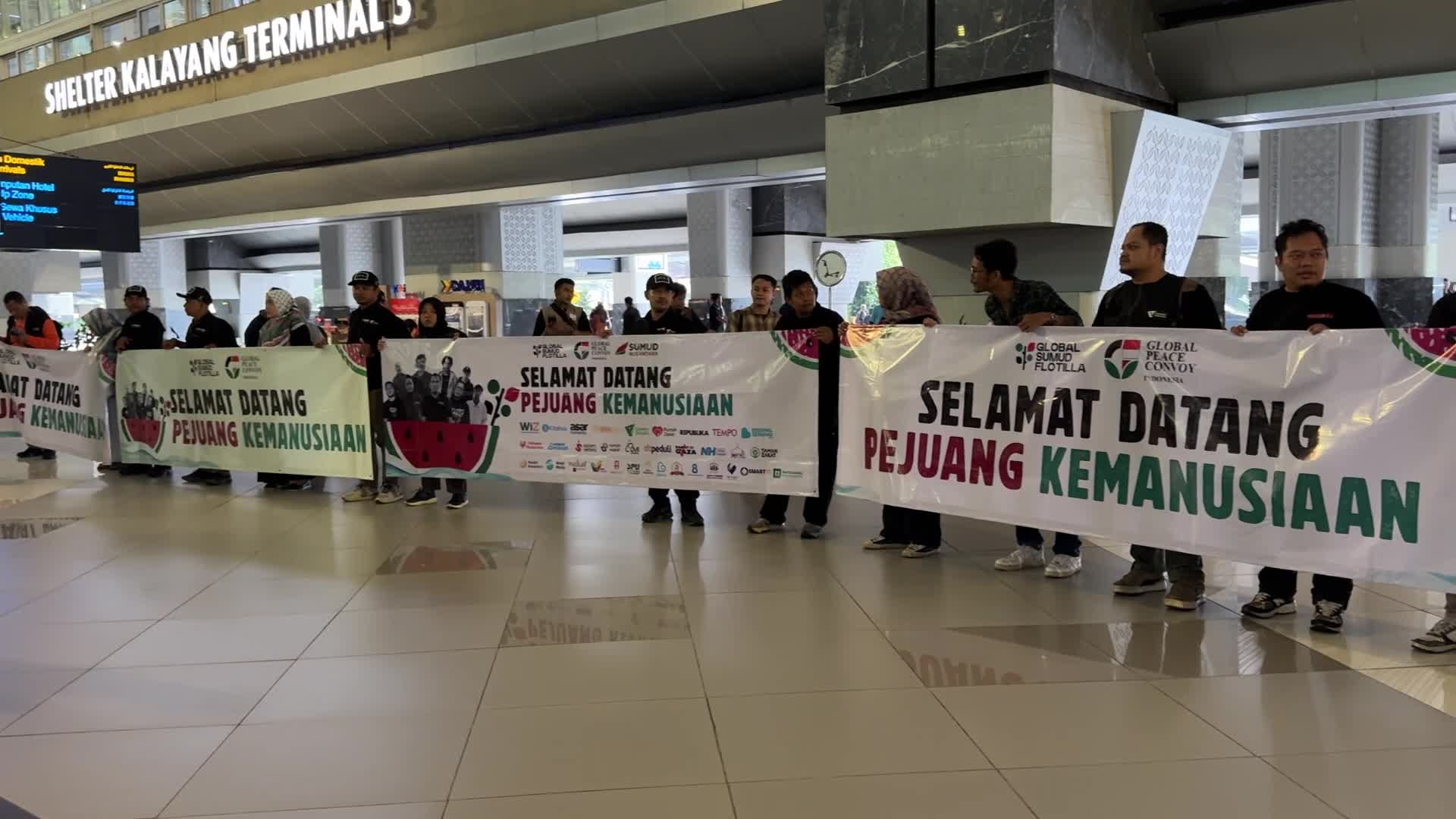 Flotila activist and journalist from Indonesia arrivad at Sukarno hatta Airport, Tangerang, Banten, Indonesia