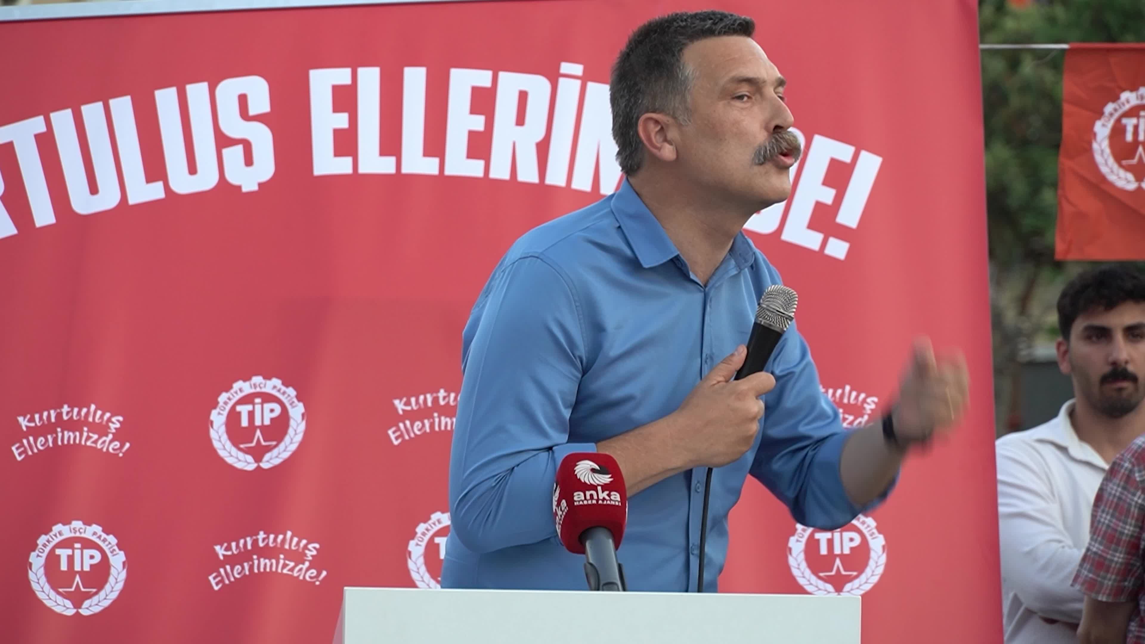 Erkan Bas, Chairman of the Workers' Party of Turkey (TIP), attends a public forum