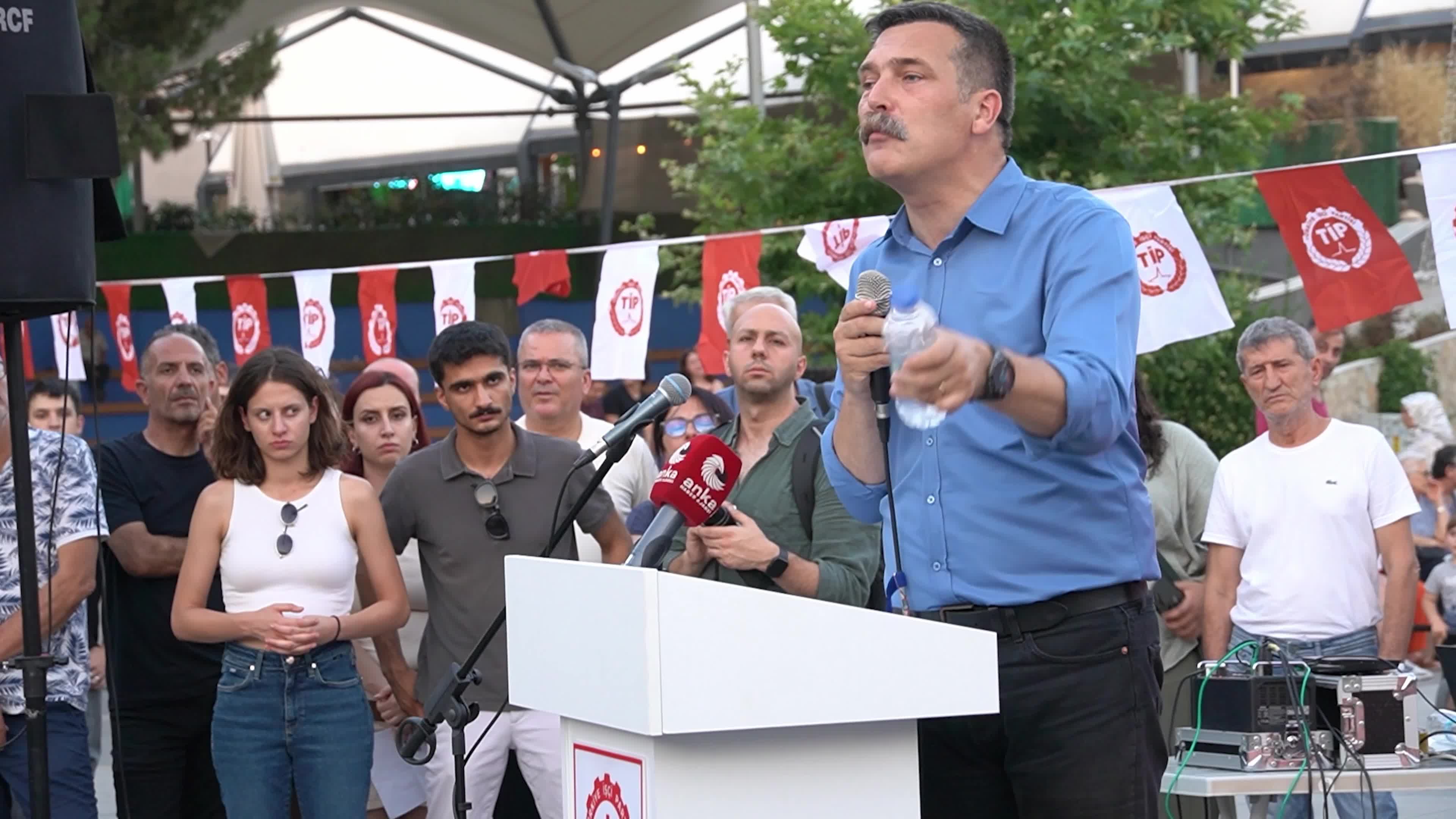 Erkan Bas, Chairman of the Workers' Party of Turkey (TIP), attends a public forum