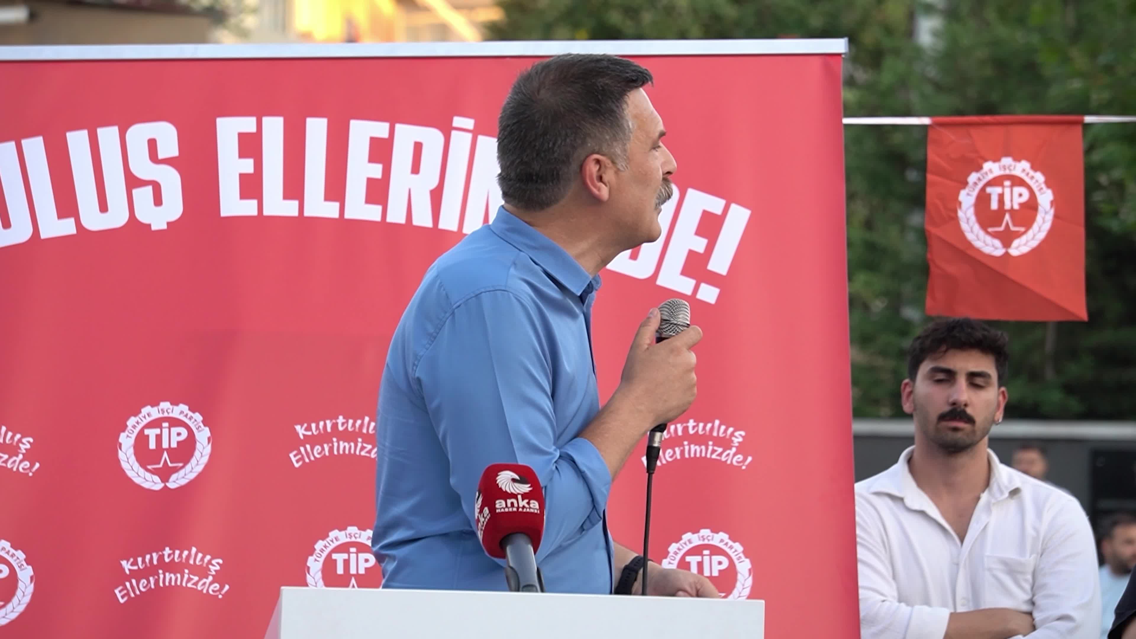 Erkan Bas, Chairman of the Workers' Party of Turkey (TIP), attends a public forum