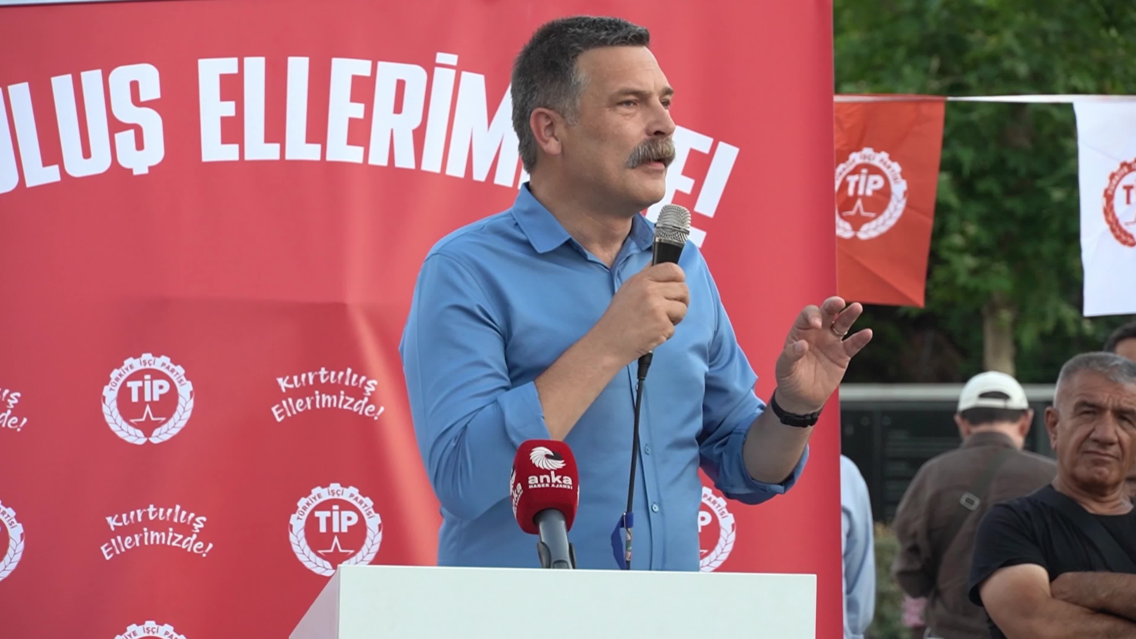 Erkan Bas, Chairman of the Workers' Party of Turkey (TIP), attends a public forum