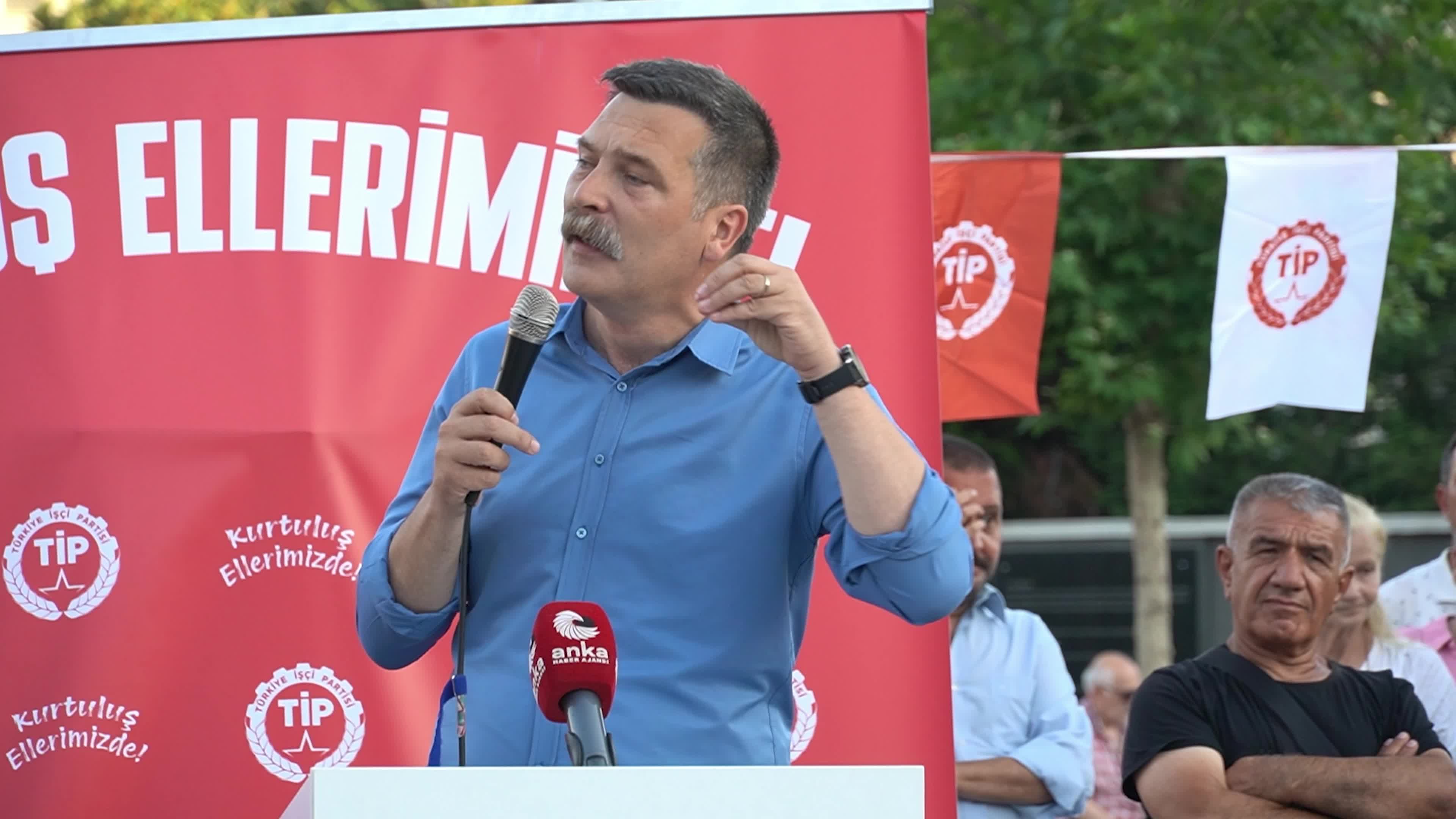 Erkan Bas, Chairman of the Workers' Party of Turkey (TIP), attends a public forum