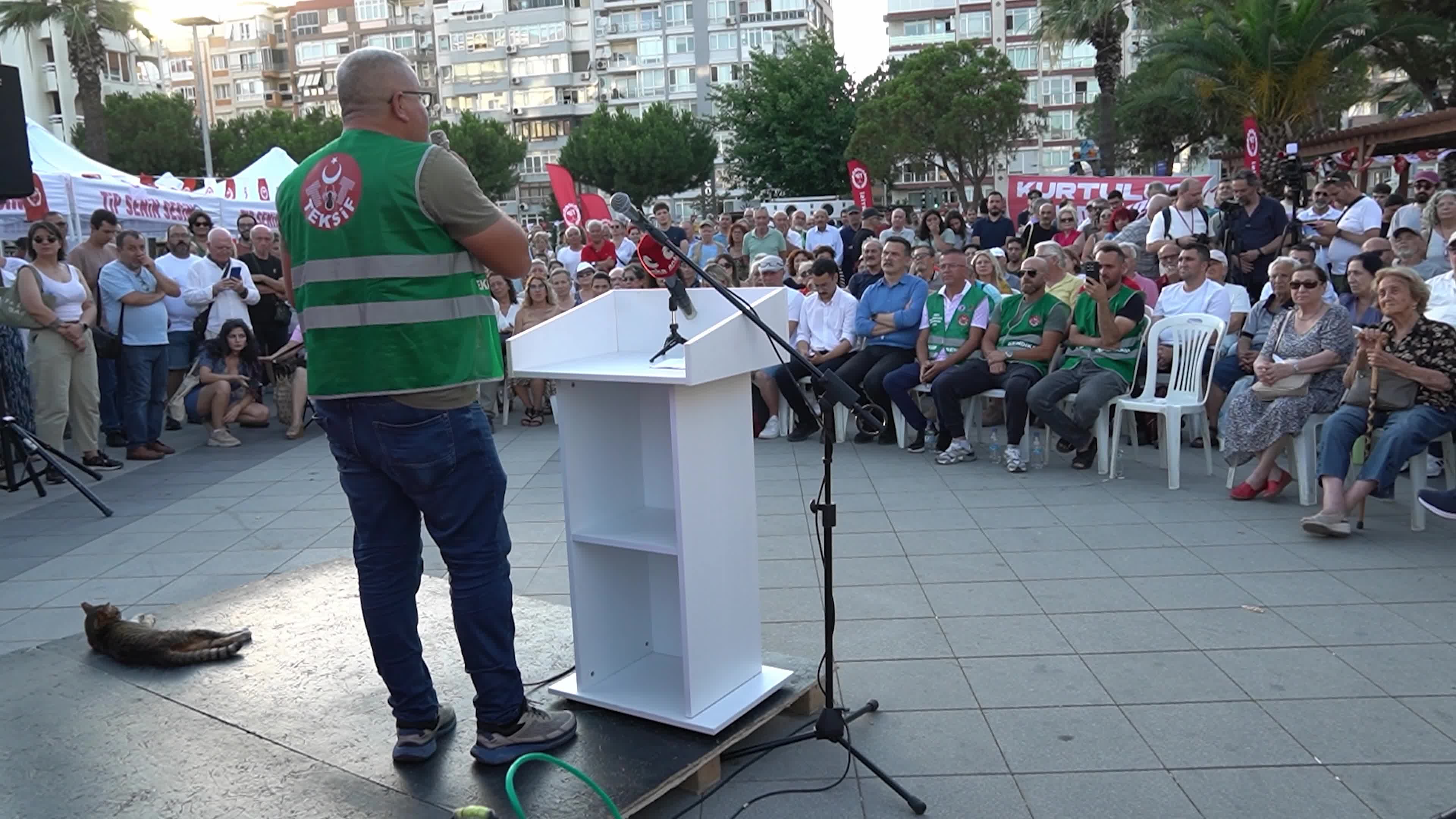 Erkan Bas, Chairman of the Workers' Party of Turkey (TIP), attends a public forum